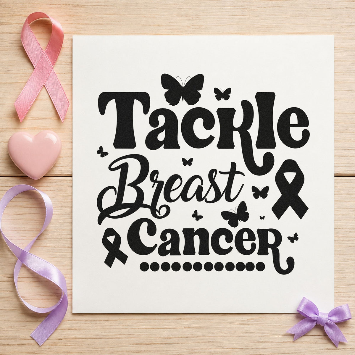 Tackle Breast Cancer Butterflies rubber stamp printed in black ink, ready for butterfly cards and similar paper crafts.