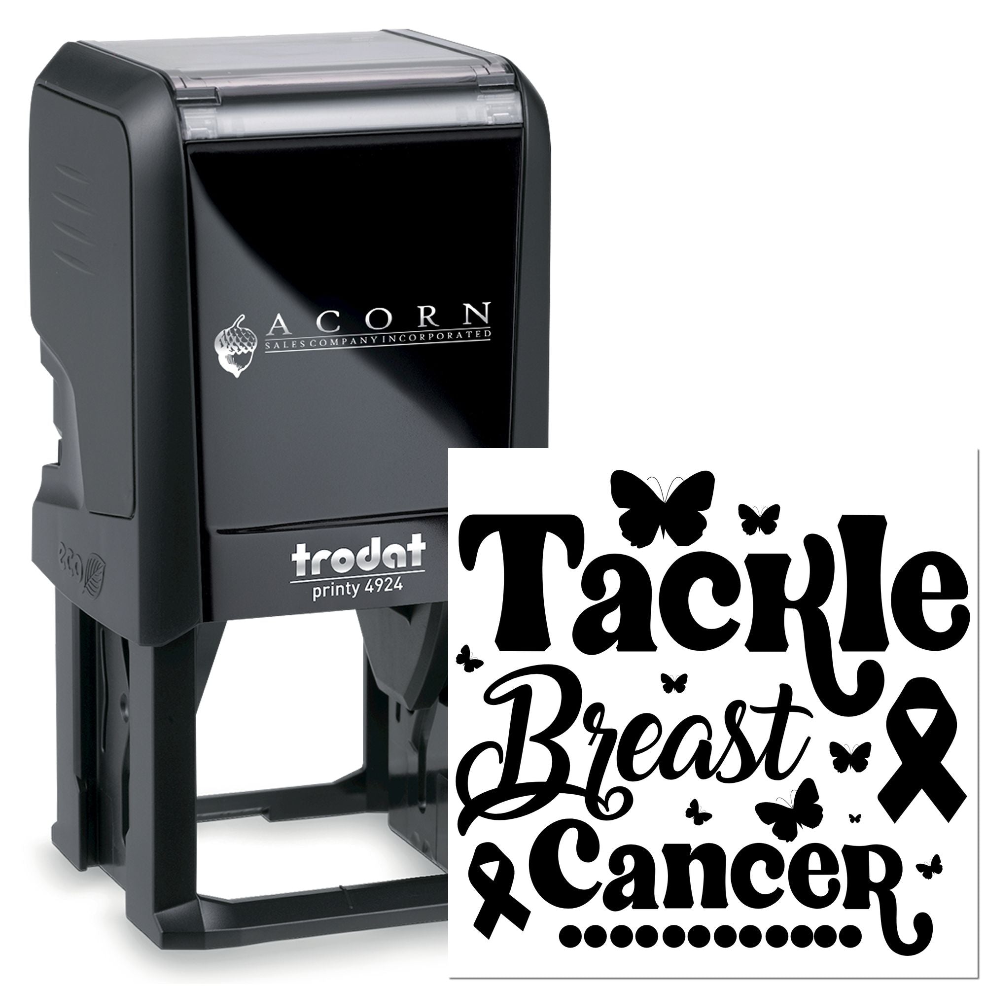 Trodat self-inking rubber stamp with Tackle Breast Cancer design, butterflies and awareness ribbon for breast cancer awareness.