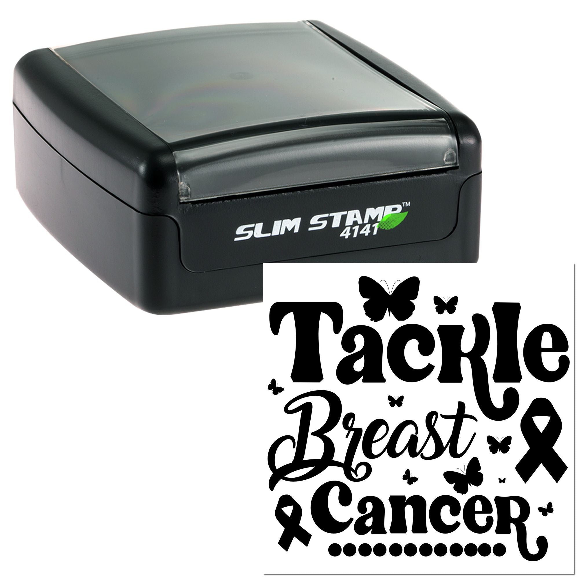 Slim Stamp 4141 rubber stamp with Tackle Breast Cancer design, butterflies and ribbon for breast cancer awareness.