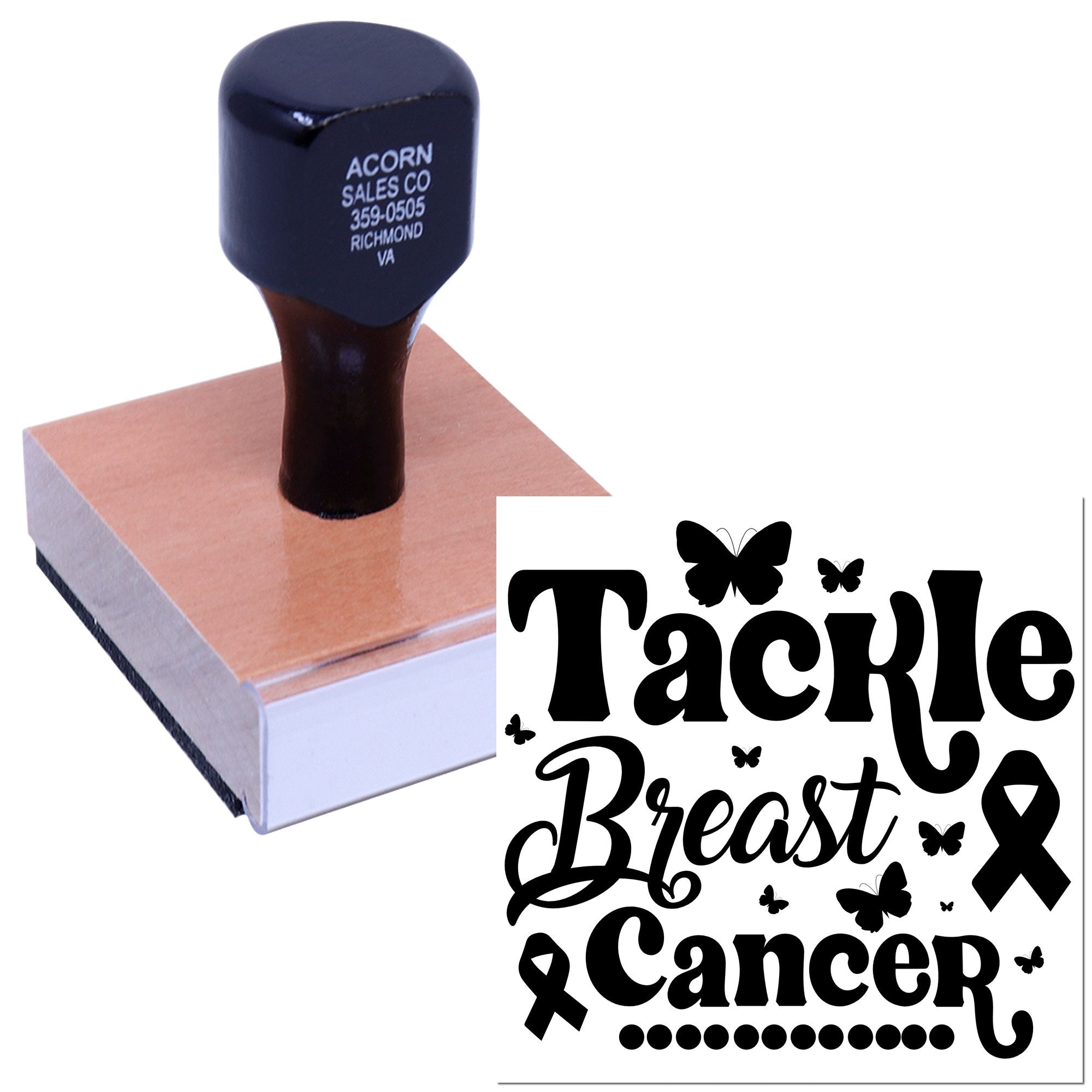 Breast cancer awareness rubber stamp with Tackle Breast Cancer design and ribbon for fundraising materials.