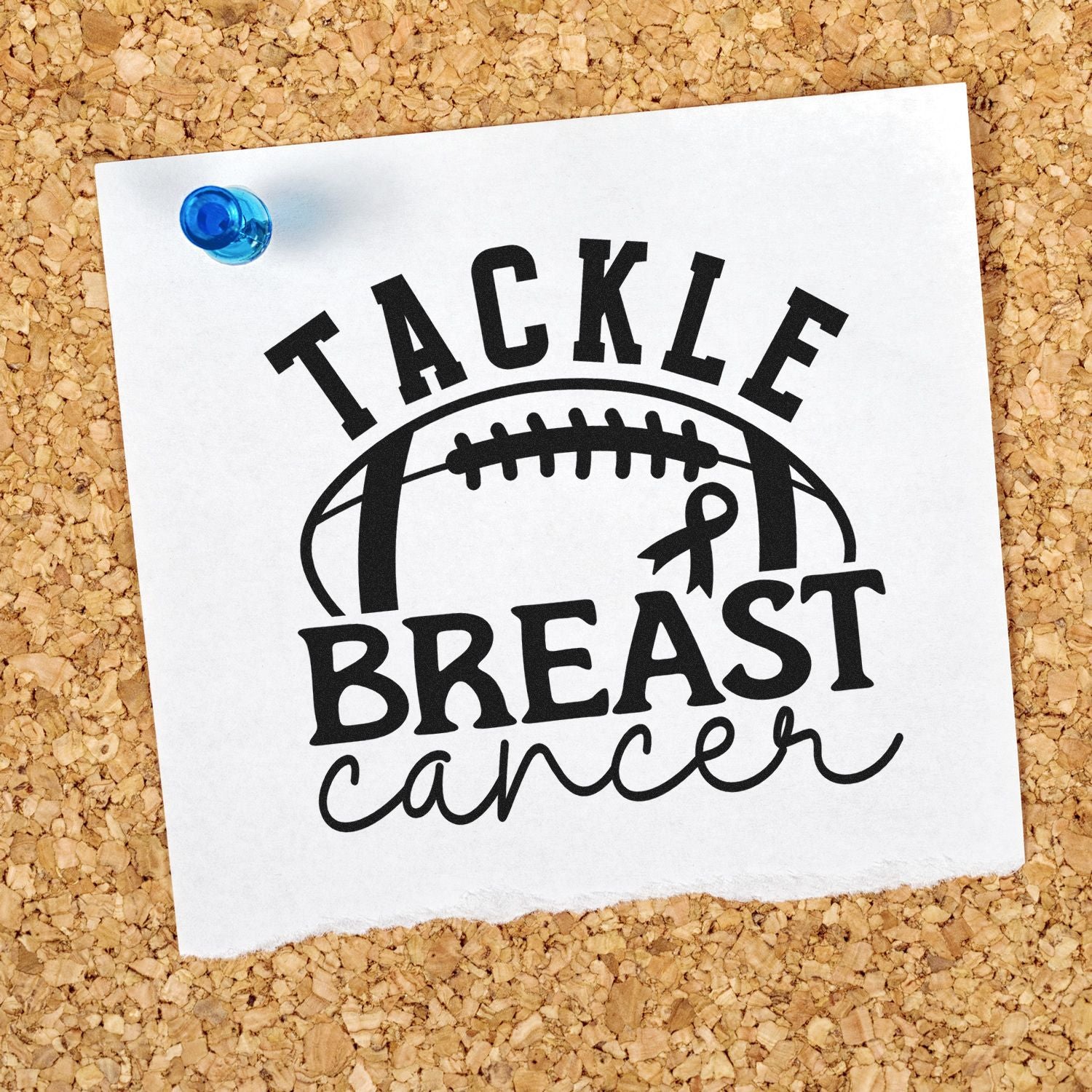 Tackle breast cancer rubber stamp design with football and awareness ribbon pinned to corkboard.