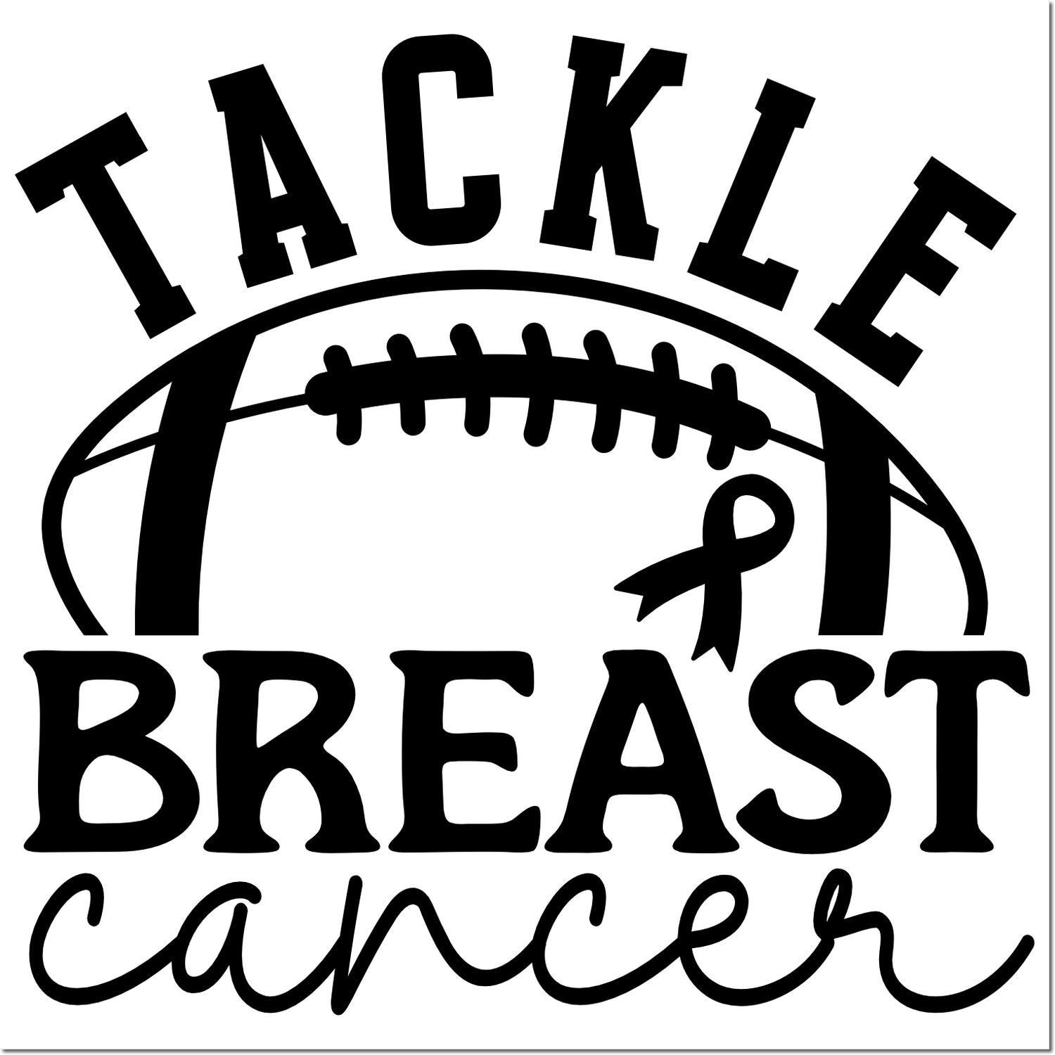 Tackle breast cancer rubber stamp design with football graphic and pink ribbon for awareness campaigns and fundraising.