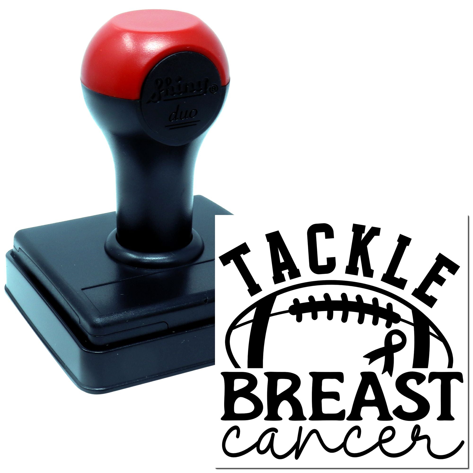 Self-inking rubber stamp for breast cancer awareness with football Tackle Breast Cancer design.