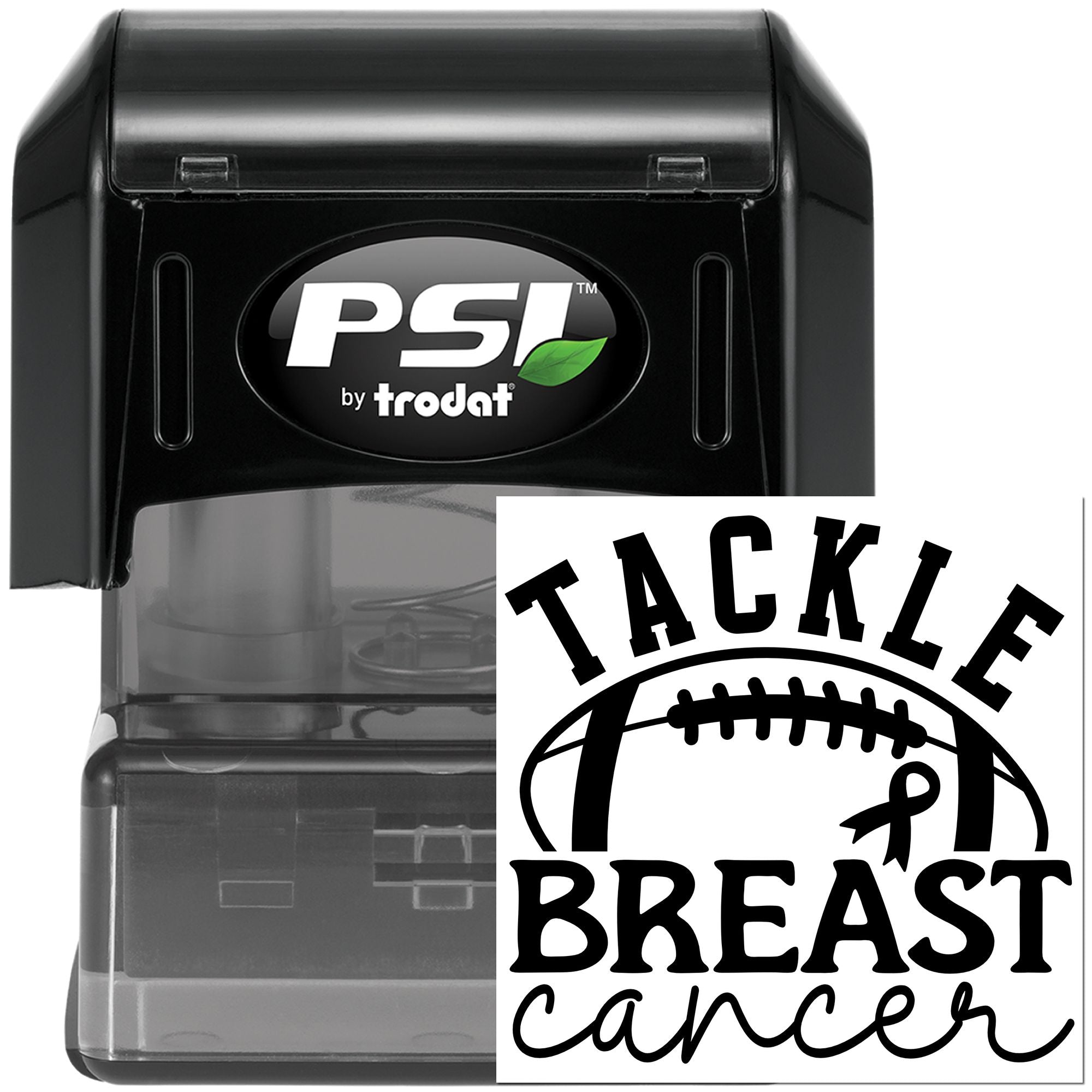 PSI by Trodat self-inking rubber stamp with Tackle Breast Cancer football ribbon design for breast cancer awareness.