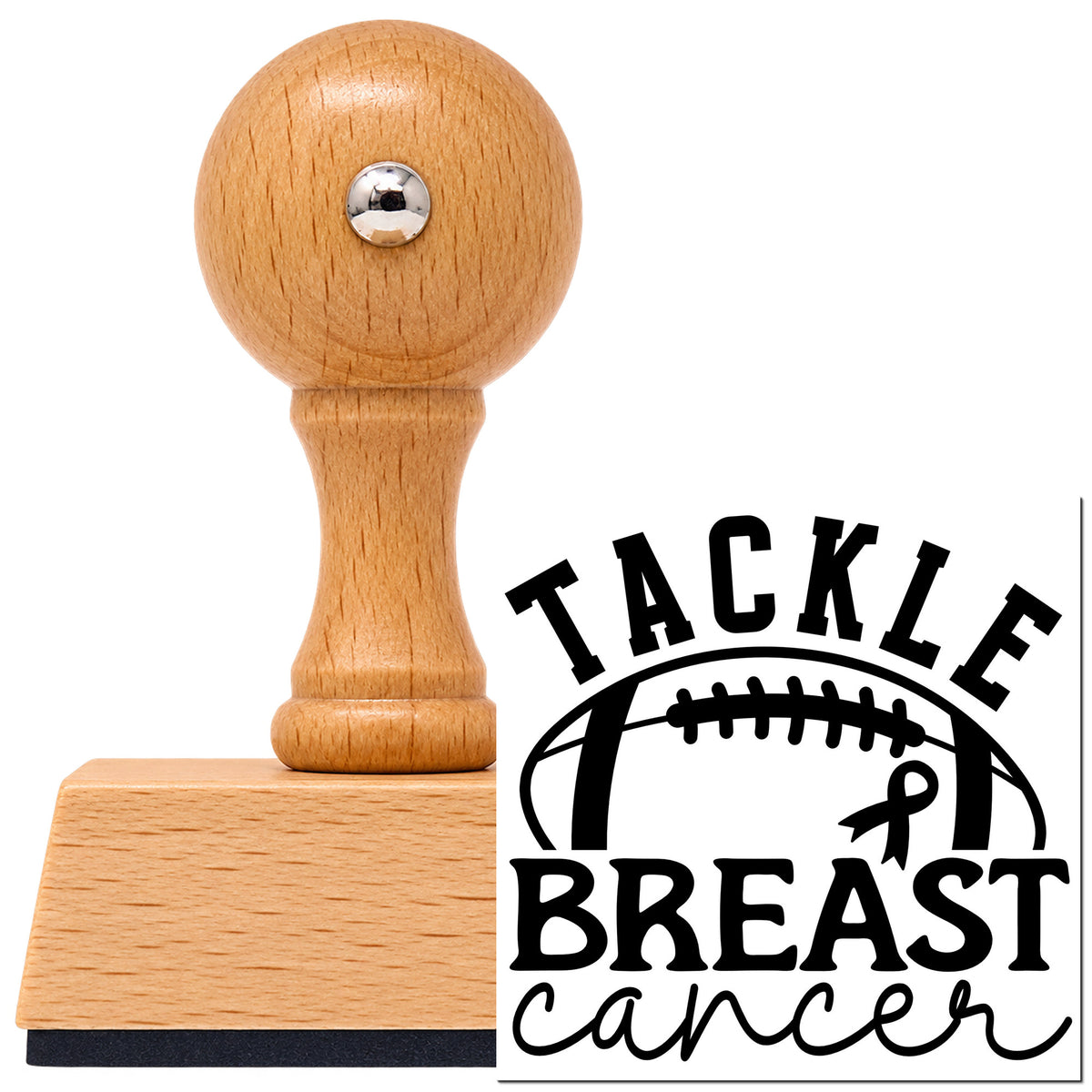 Tackle Breast Cancer Football Awareness Ribbon Vintage Pro rubber stamp in European beech wood with a round knob handle, shown beside its black imprint.