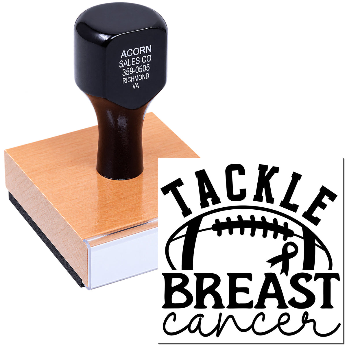 Football-themed breast cancer awareness rubber stamp with Tackle Breast Cancer logo.