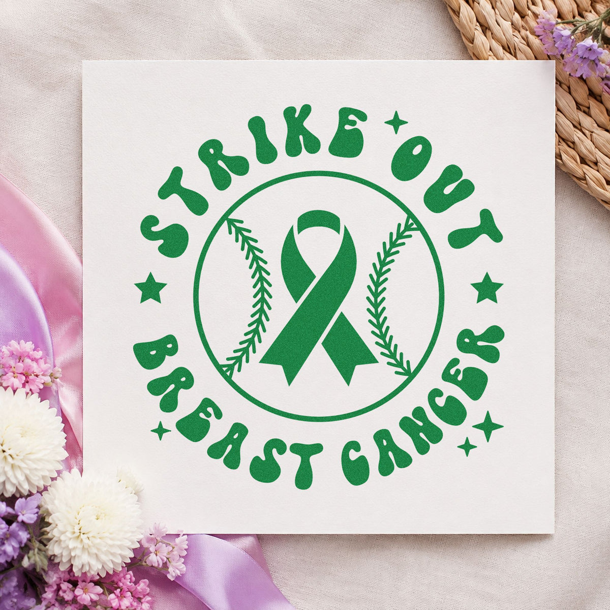 Strike Out Breast Cancer craft stamp in green ink on cardstock, an easy option for little league pink day.