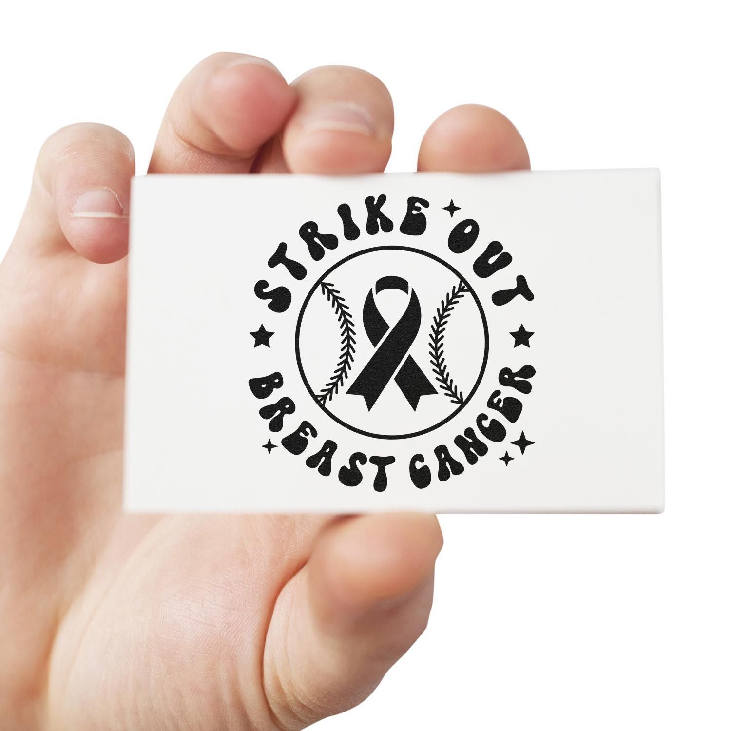 Custom rubber stamp with breast cancer awareness baseball ribbon design and Strike Out Breast Cancer text for fundraising.