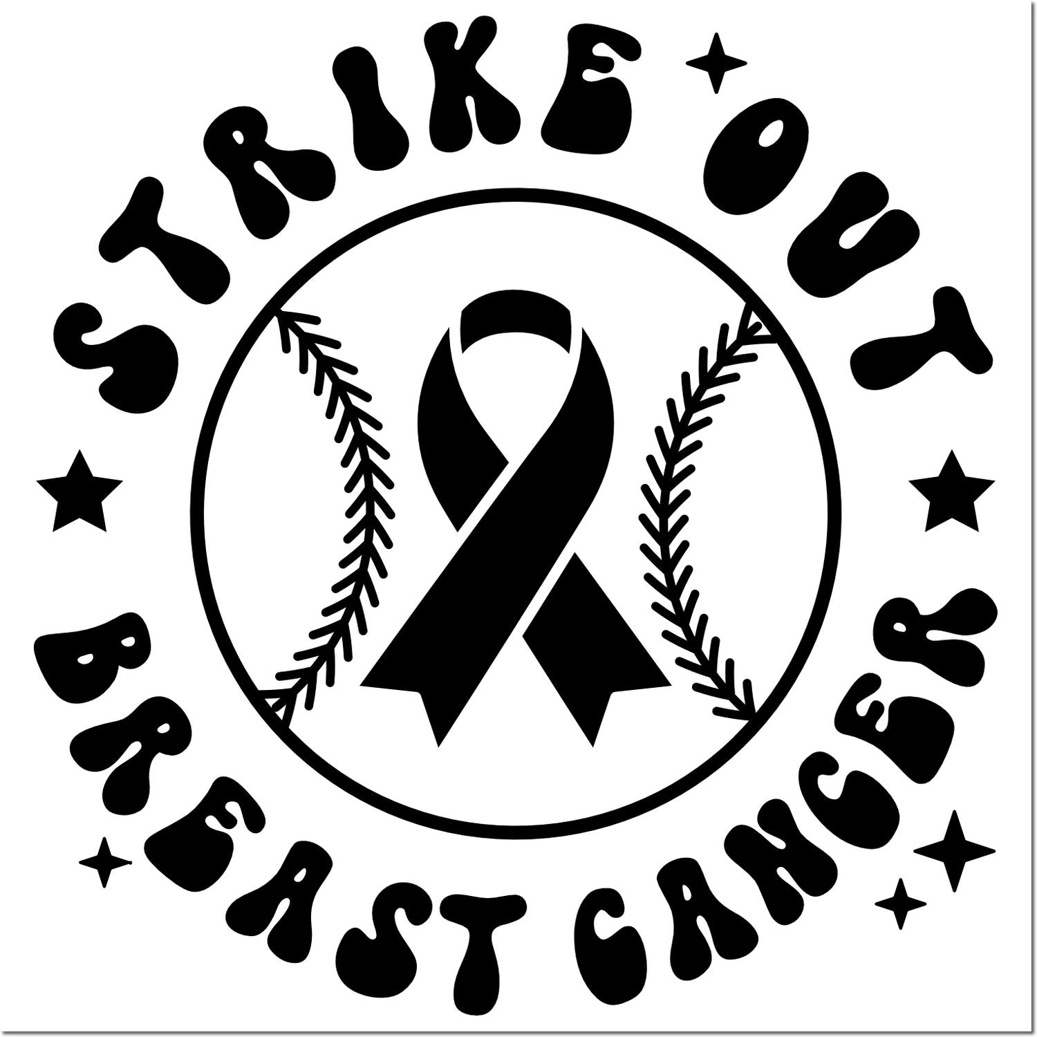 Strike Out Breast Cancer rubber stamp with awareness ribbon, baseball seam circle, and stars.