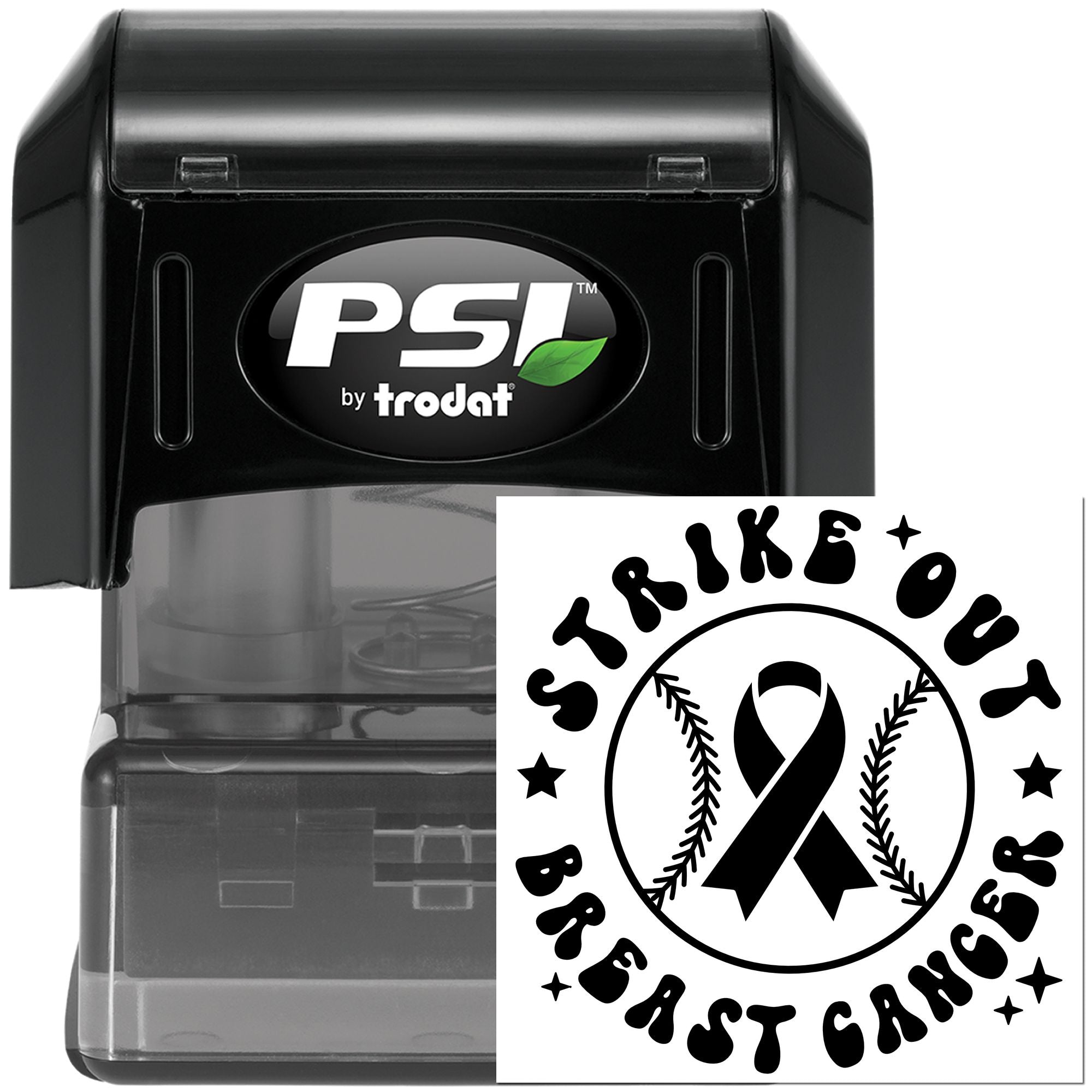 Self-inking PSI by Trodat rubber stamp with Strike Out Breast Cancer baseball ribbon design for awareness events