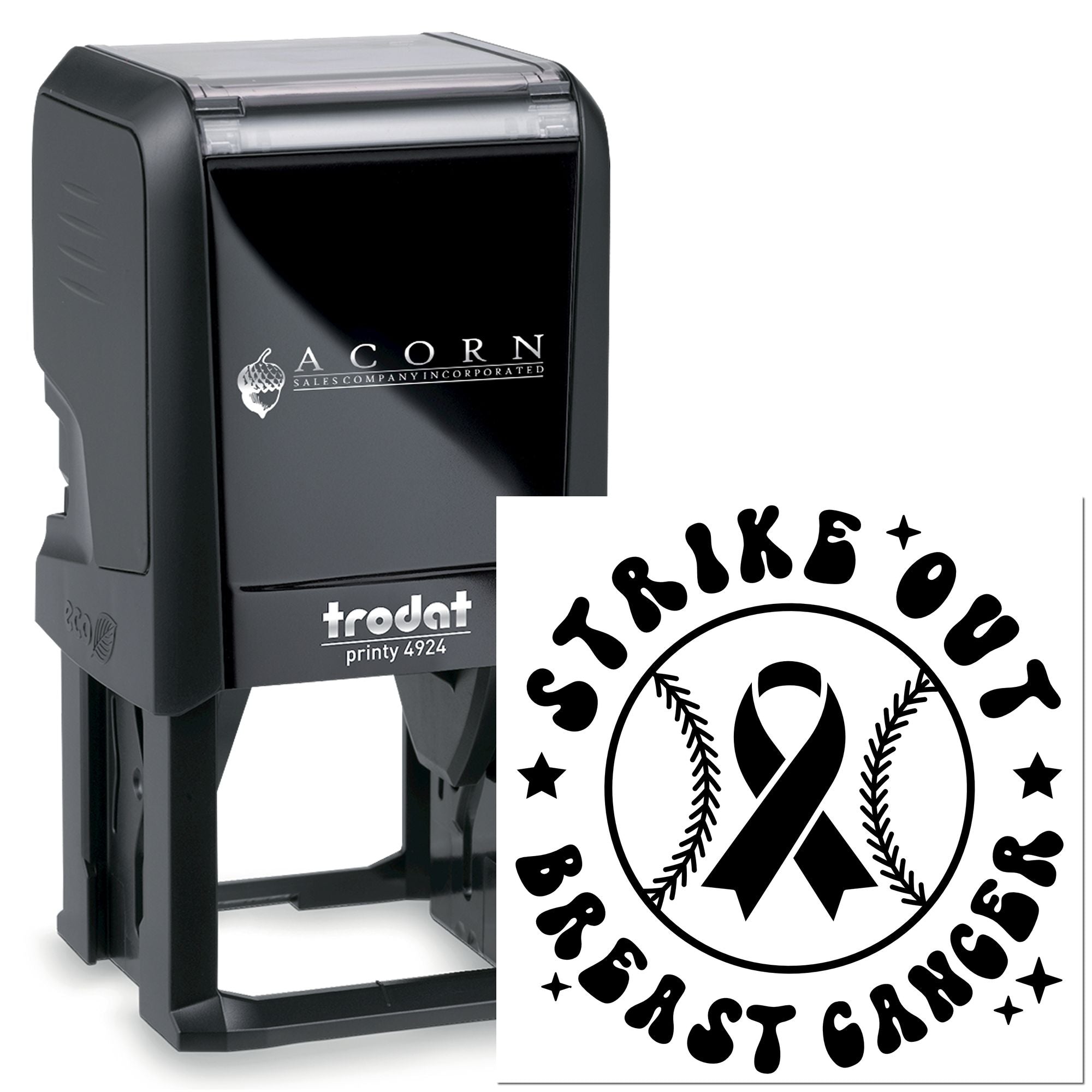 Custom self-inking rubber stamp with Breast Cancer Awareness ribbon logo, Trodat Printy 4924, for fundraising and events.
