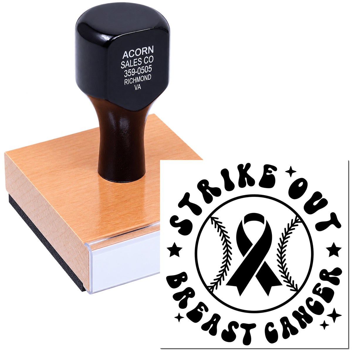 Custom rubber stamp for breast cancer awareness featuring a Strike Out Breast Cancer ribbon logo imprint.