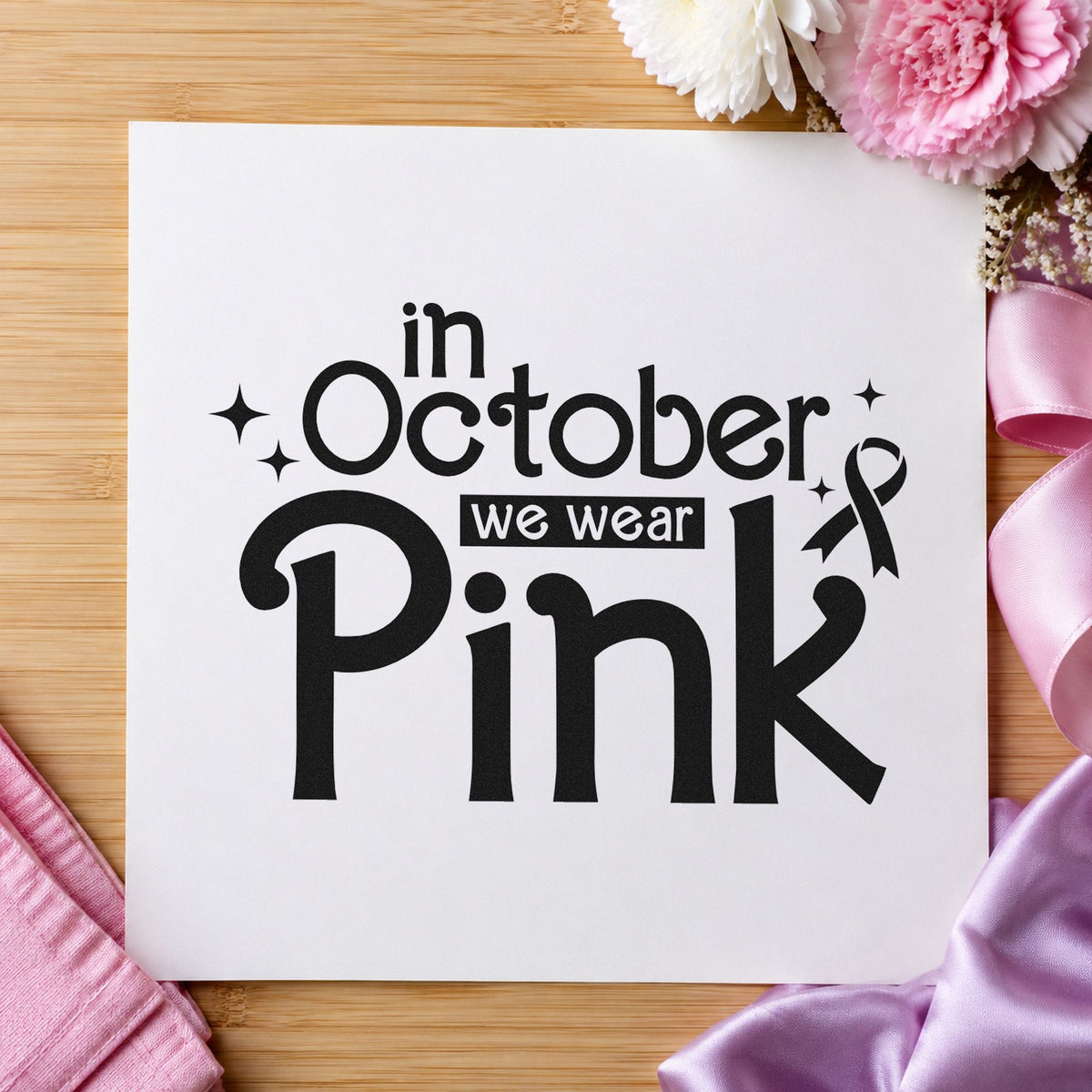 In October We Wear Pink craft stamp imprint in black ink on a handmade project, one idea being school dress-up notes.