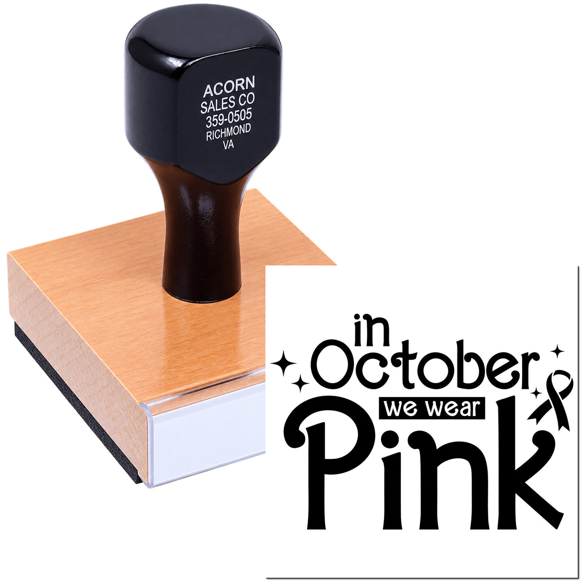 Custom rubber stamp for breast cancer awareness, featuring In October We Wear Pink design.