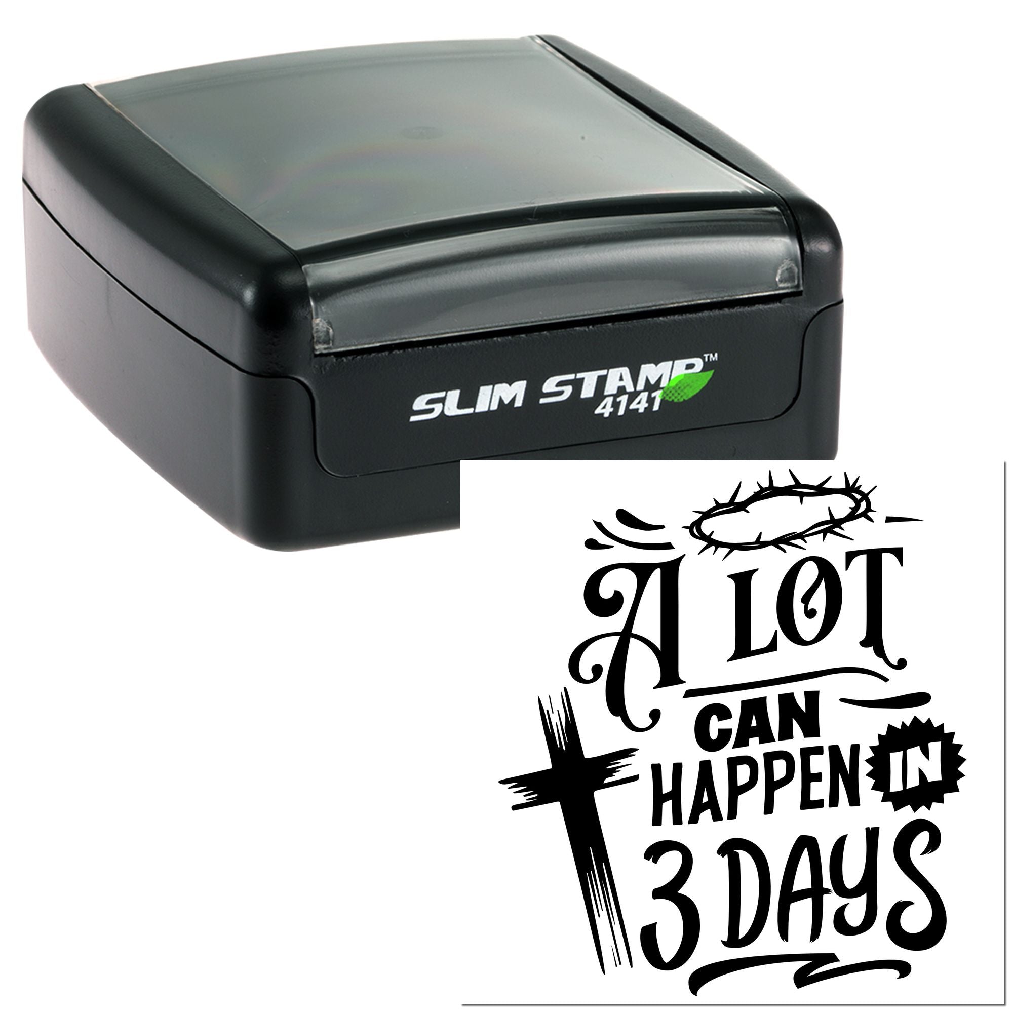 Slim self-inking rubber stamp featuring Christian Easter quote, A Lot Can Happen in 3 Days, for faith-based stamping.
