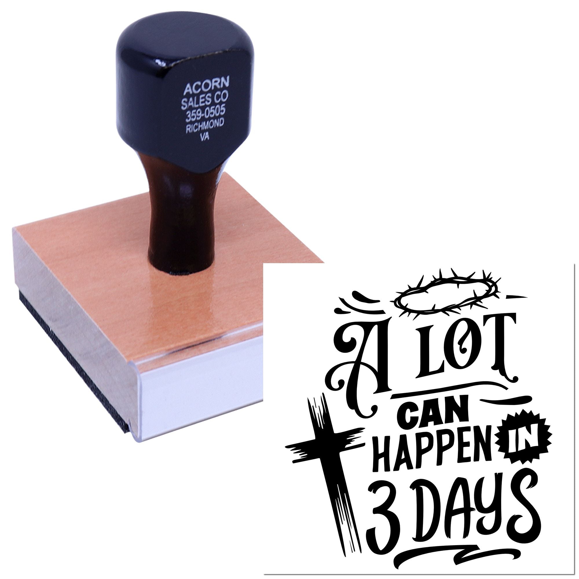 Christian Easter rubber stamp with A Lot Can Happen in 3 Days design for faith-based crafts and cards.