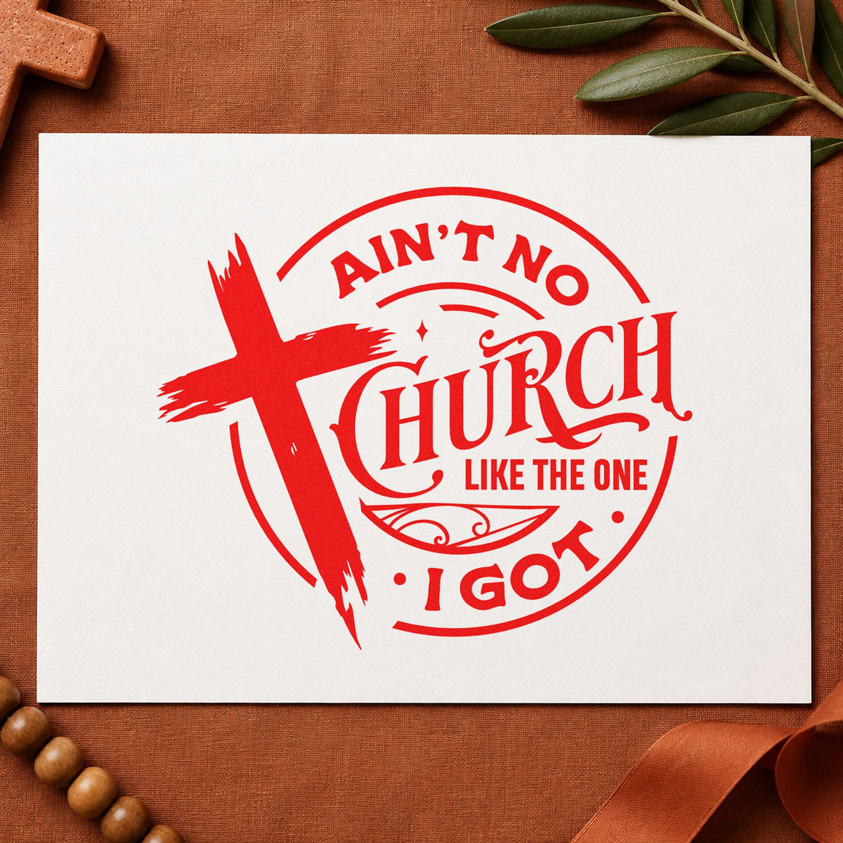 Ain't No Church Like Mine rubber stamp shown in red ink, stamped for projects such as member tote bags.