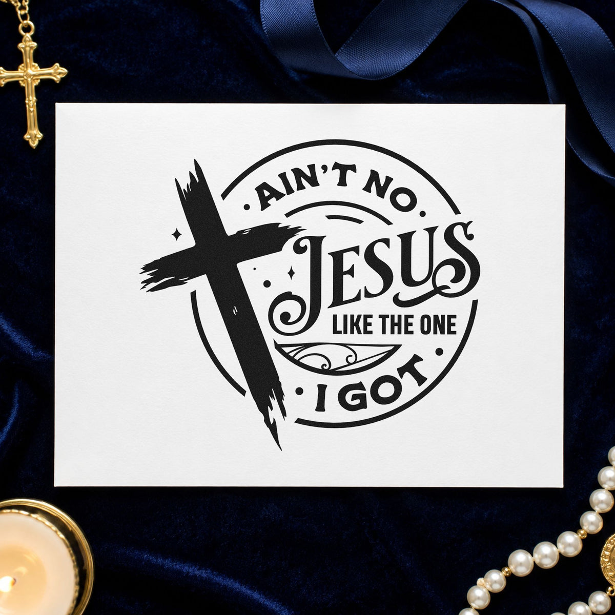Ain't No Jesus Like Mine craft stamp imprint in black ink on a handmade project, one idea being baptism scrapbooks.
