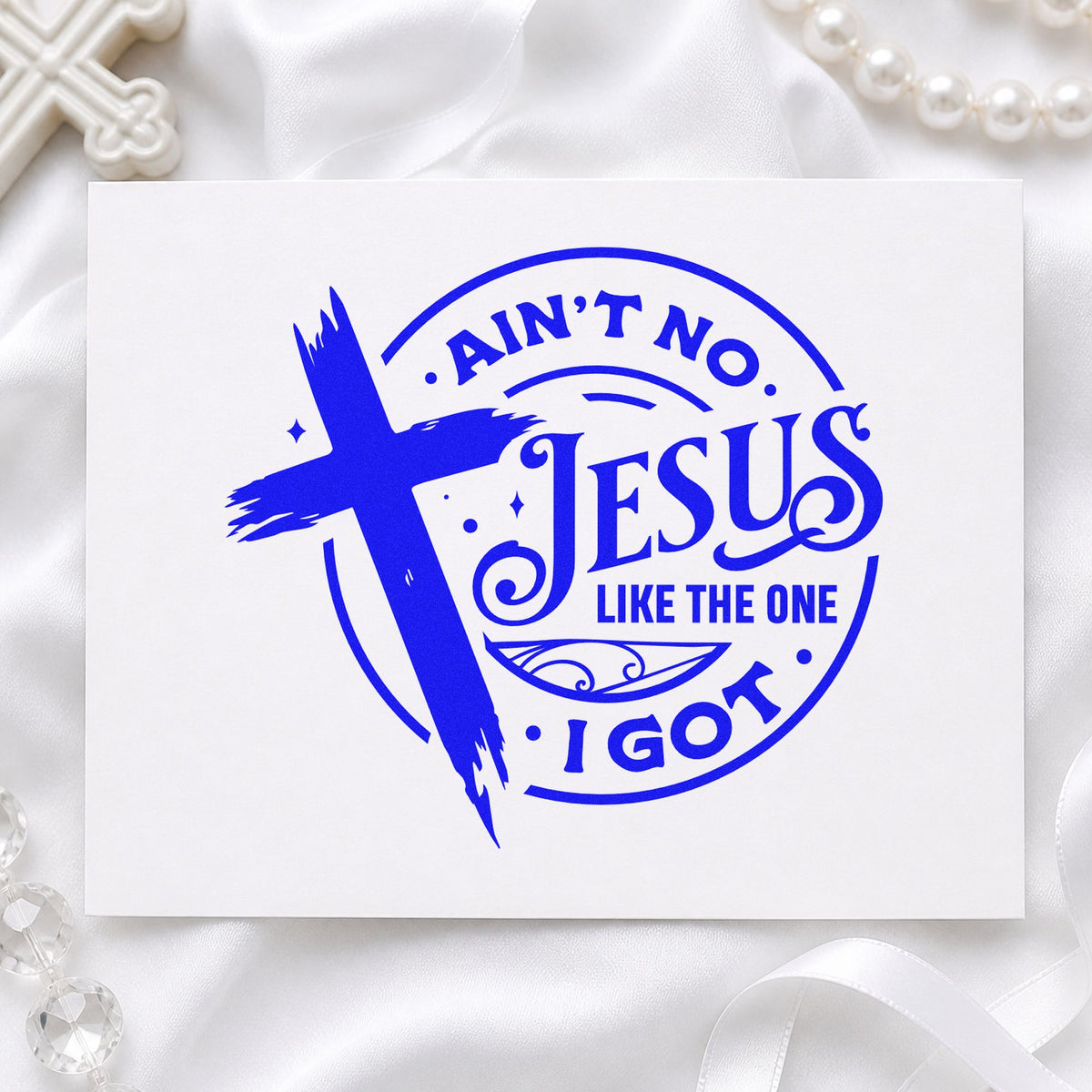 Ain't No Jesus Like Mine craft stamp imprinted in blue ink on paper, a design suited to revival name tags.
