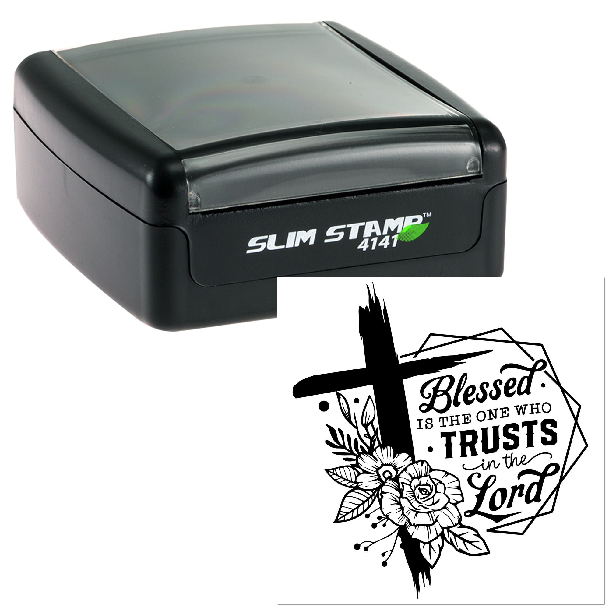 Christian self-inking rubber stamp, Slim Stamp 4141, featuring Blessed is the one who trusts in the Lord floral cross design.