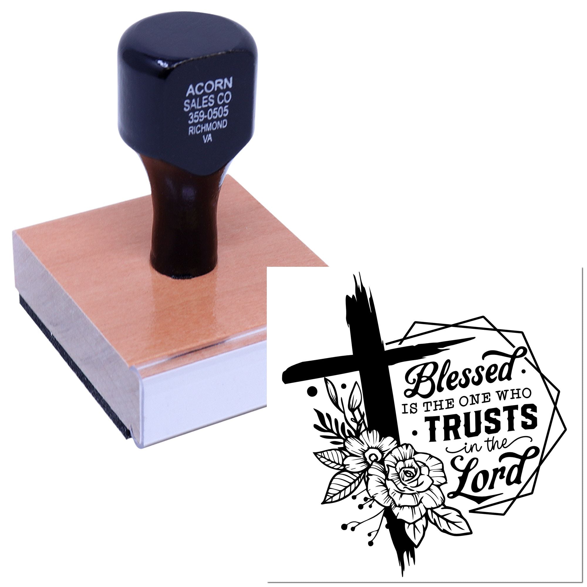 Custom wood-mounted rubber stamp with scripture design: Blessed is the one who trusts in the Lord floral cross impression.