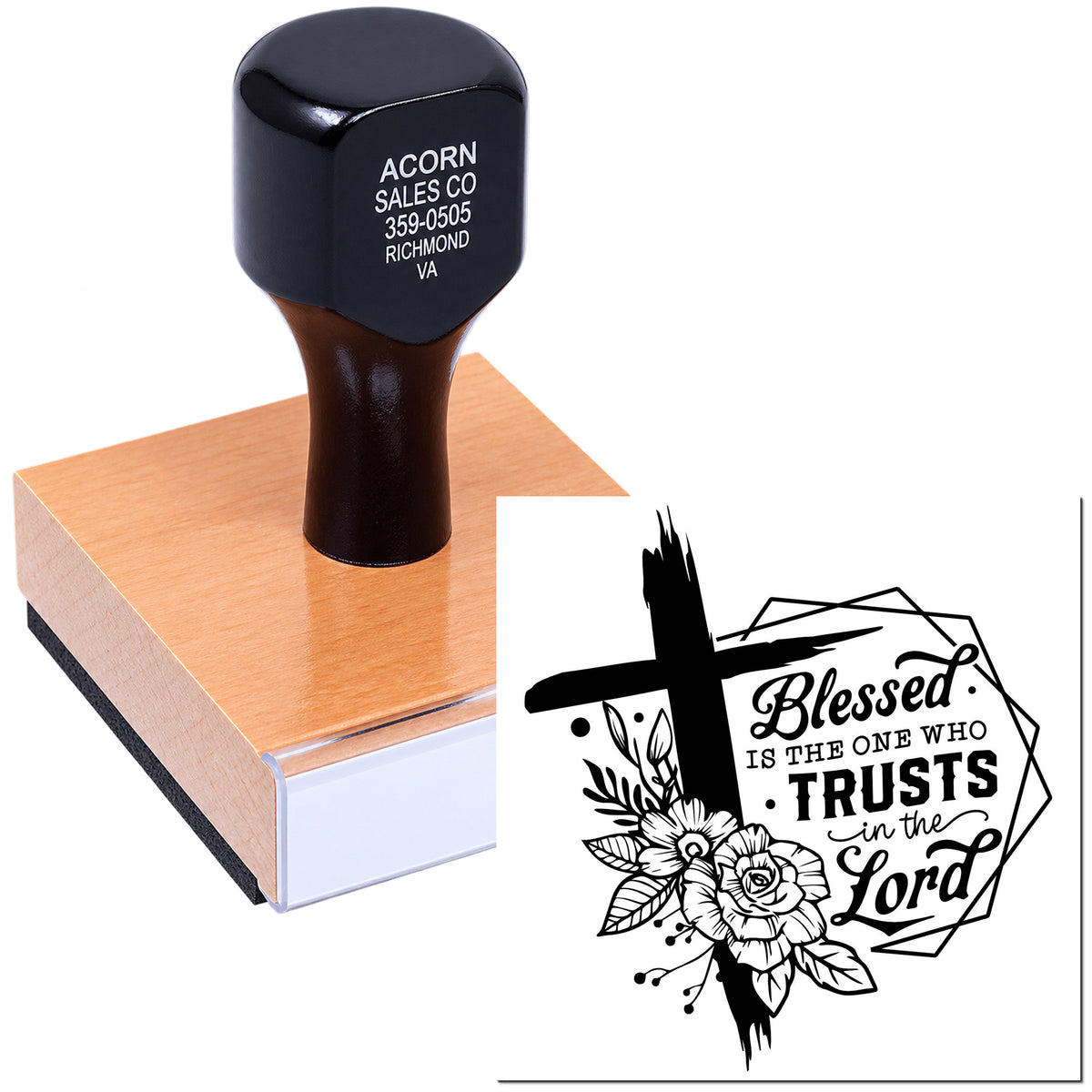 Custom wood-mounted rubber stamp with scripture design: Blessed is the one who trusts in the Lord floral cross impression.