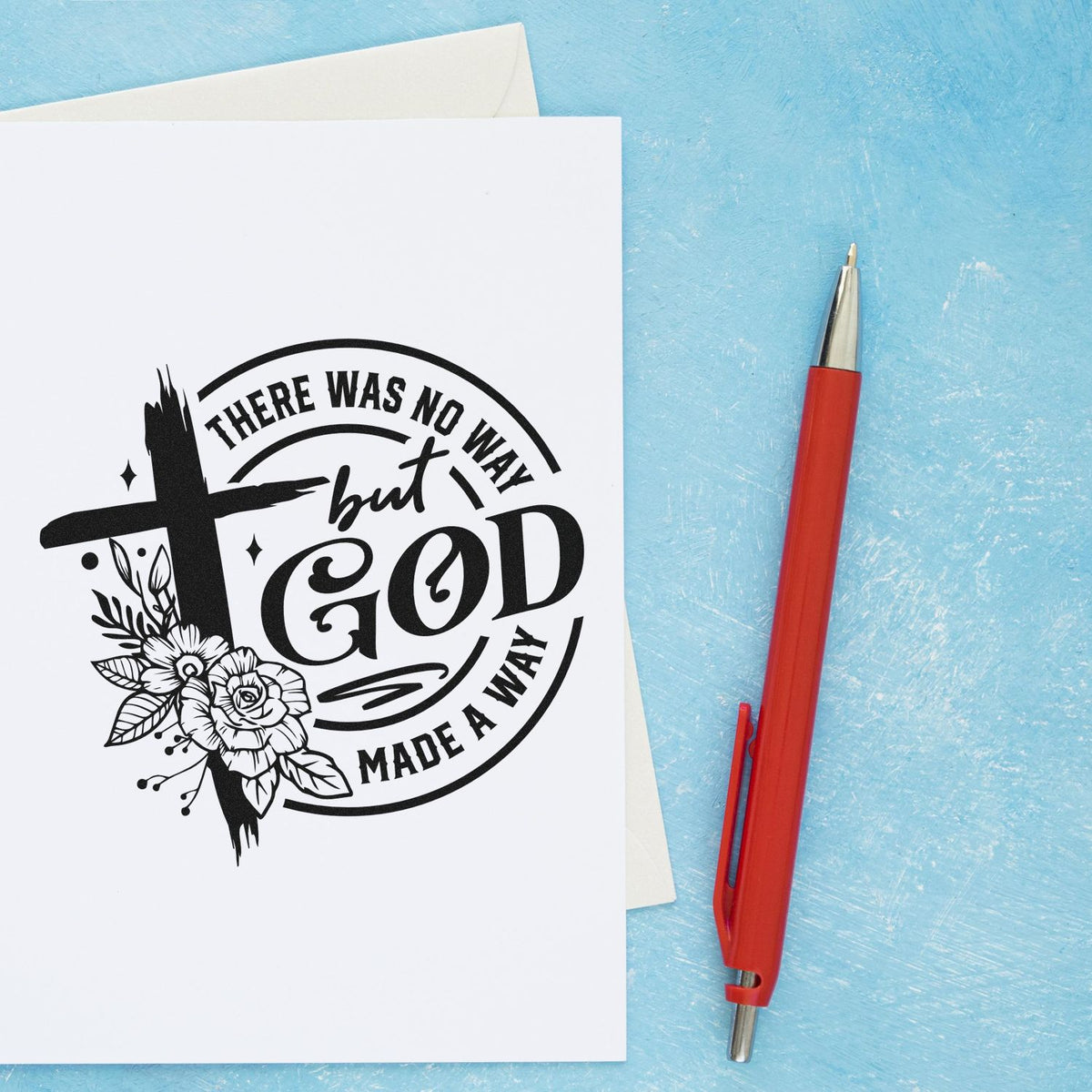 There Was No Way, But God Made A Way Premium Wooden Stamp - Vintage Pro imprint stamped in black ink. A flower-covered cross overlaps a circular design reading "There was no way, but God made a way."