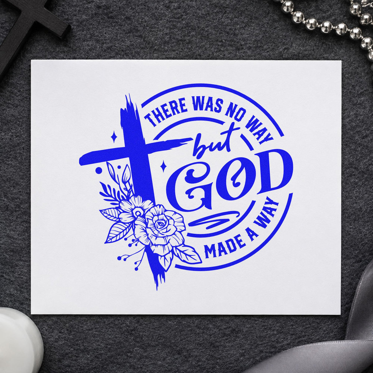 God Made a Way Floral craft stamp in blue ink on cardstock, an easy option for scrapbook testimony pages.