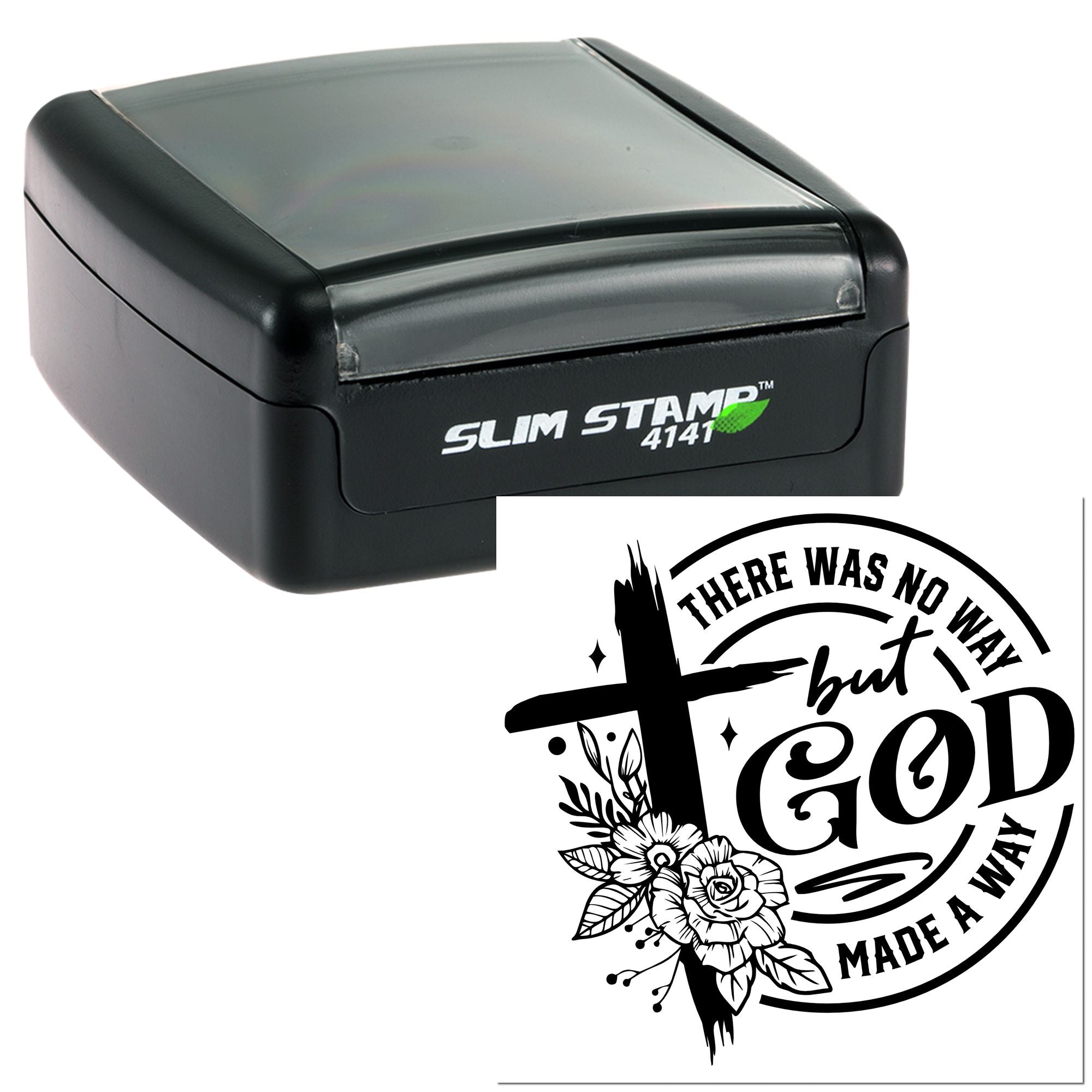 Custom self-inking rubber stamp with floral cross design and There Was No Way but God imprint.