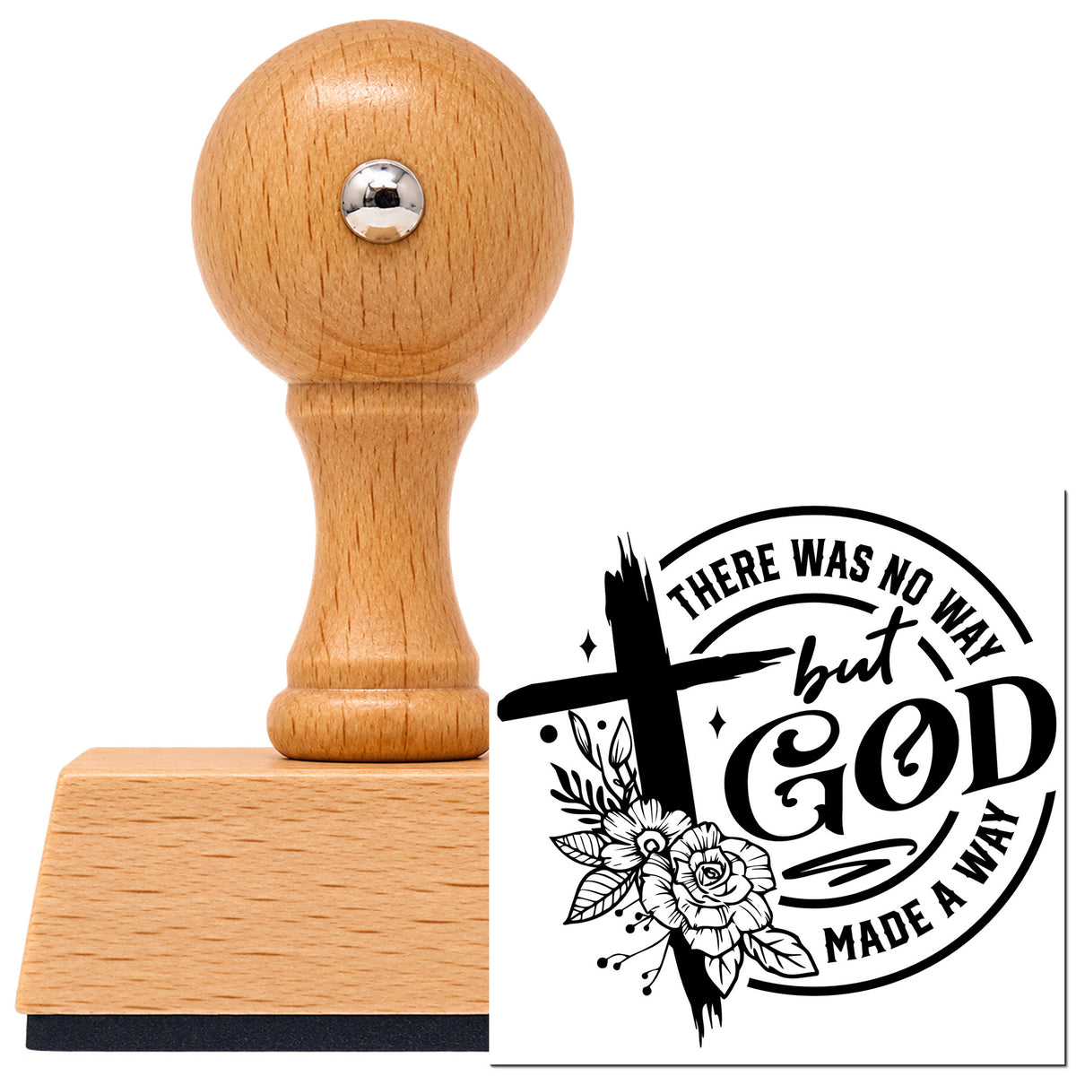 There Was No Way, But God Made A Way Vintage Pro rubber stamp in European beech wood with a round knob handle, shown beside its black imprint.