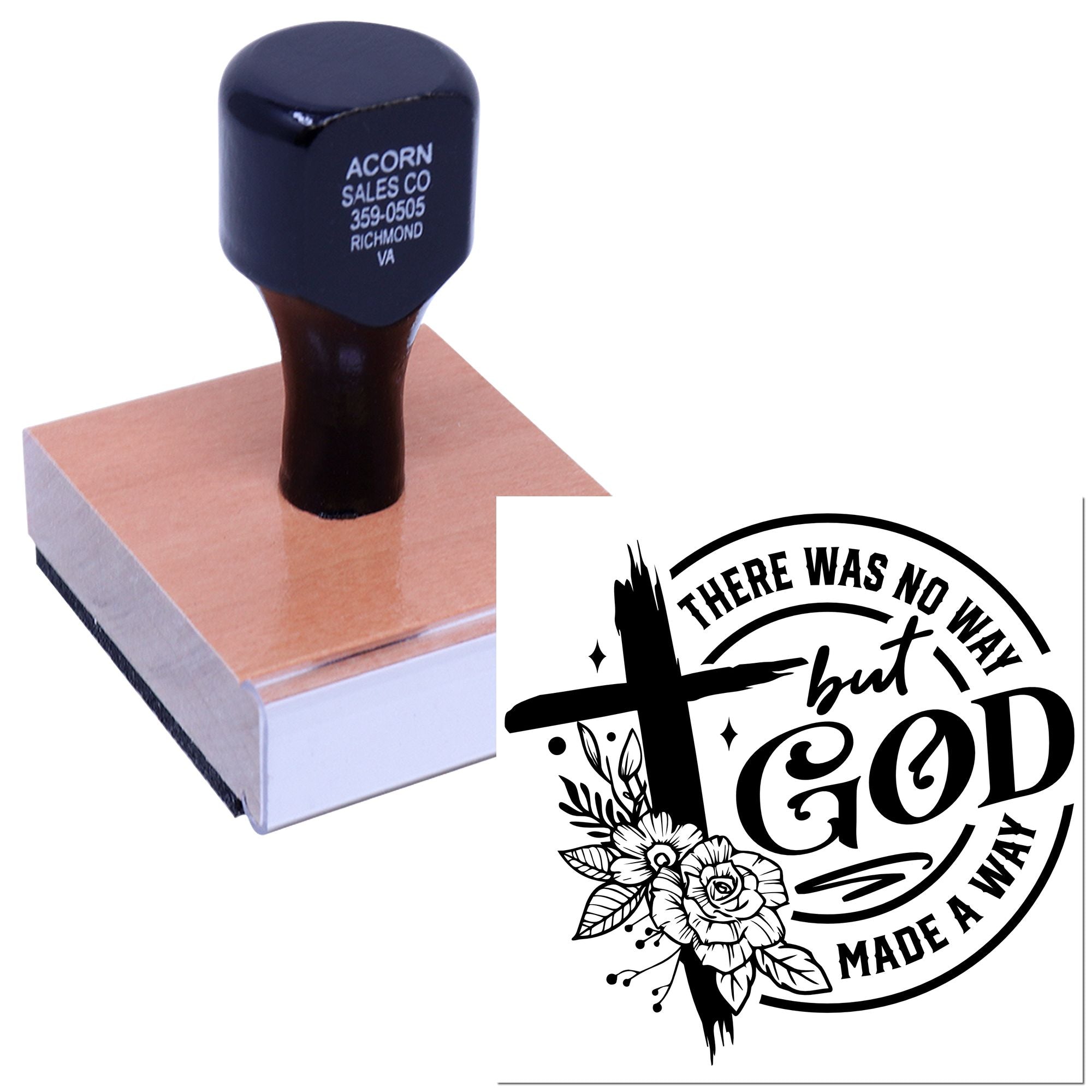 Custom rubber stamp with wood handle and faith-based There was no way but God made a way design for crafts.