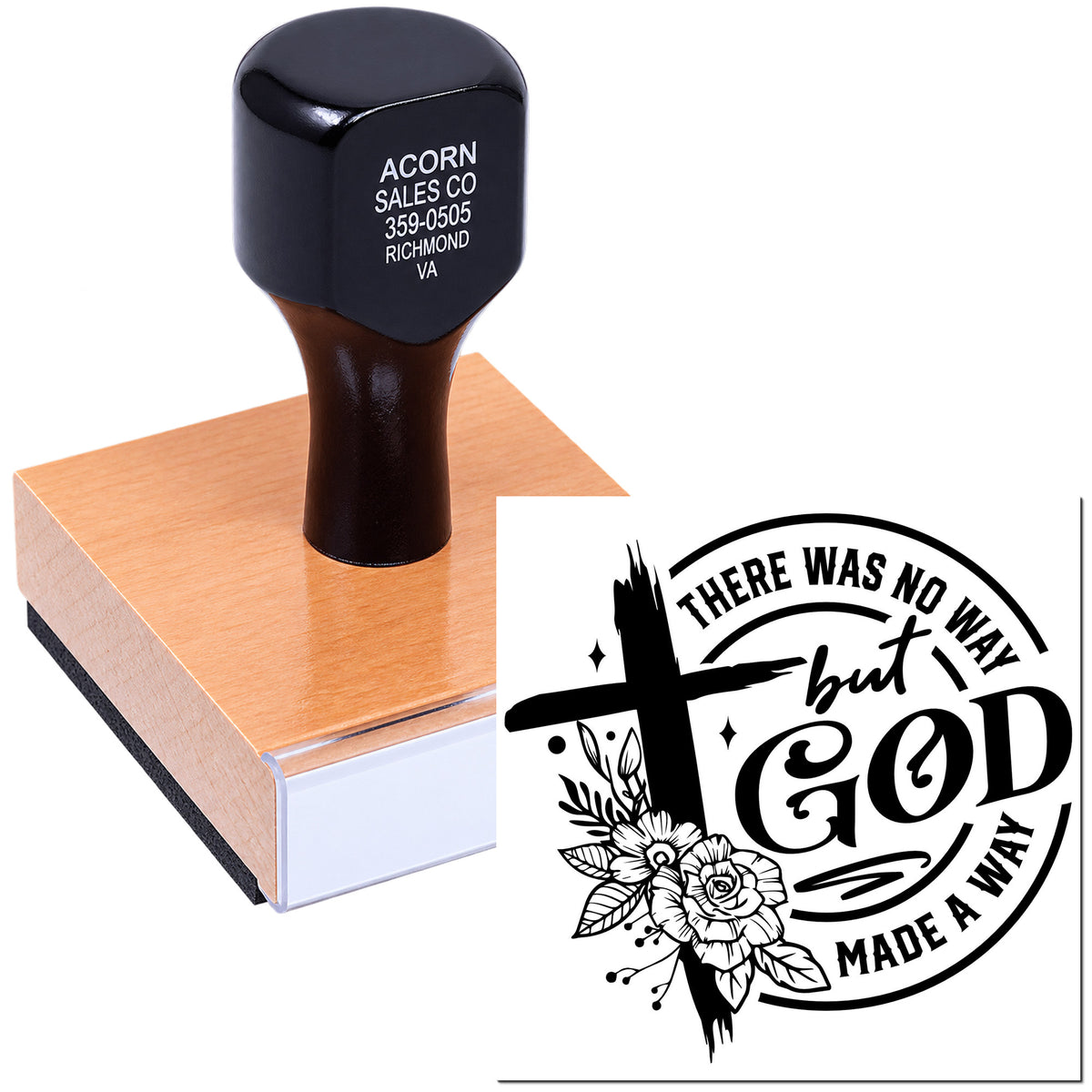 Custom rubber stamp with wood handle and faith-based There was no way but God made a way design for crafts.