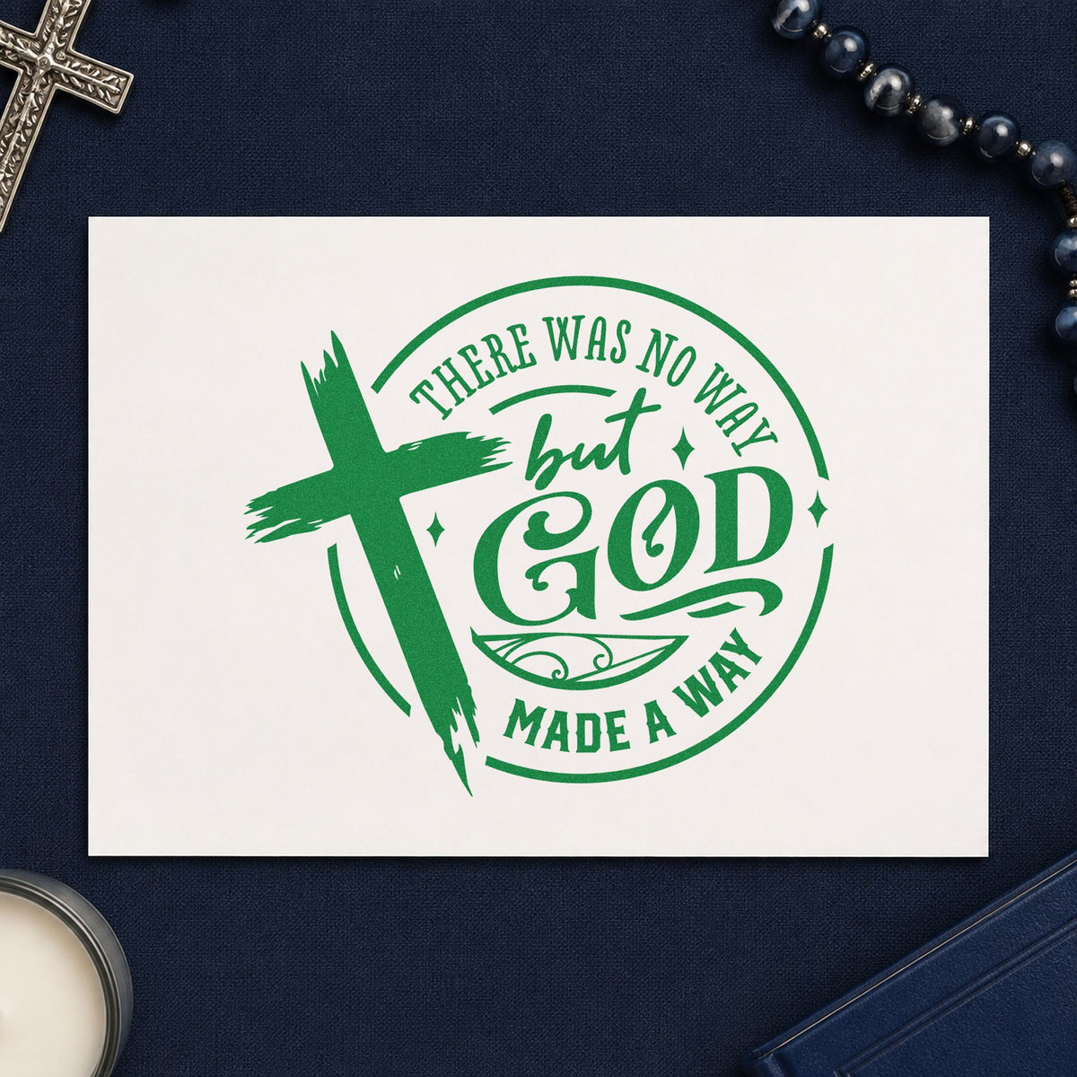 God Made a Way Cross craft stamp in green ink on cardstock, an easy option for graduation cards.