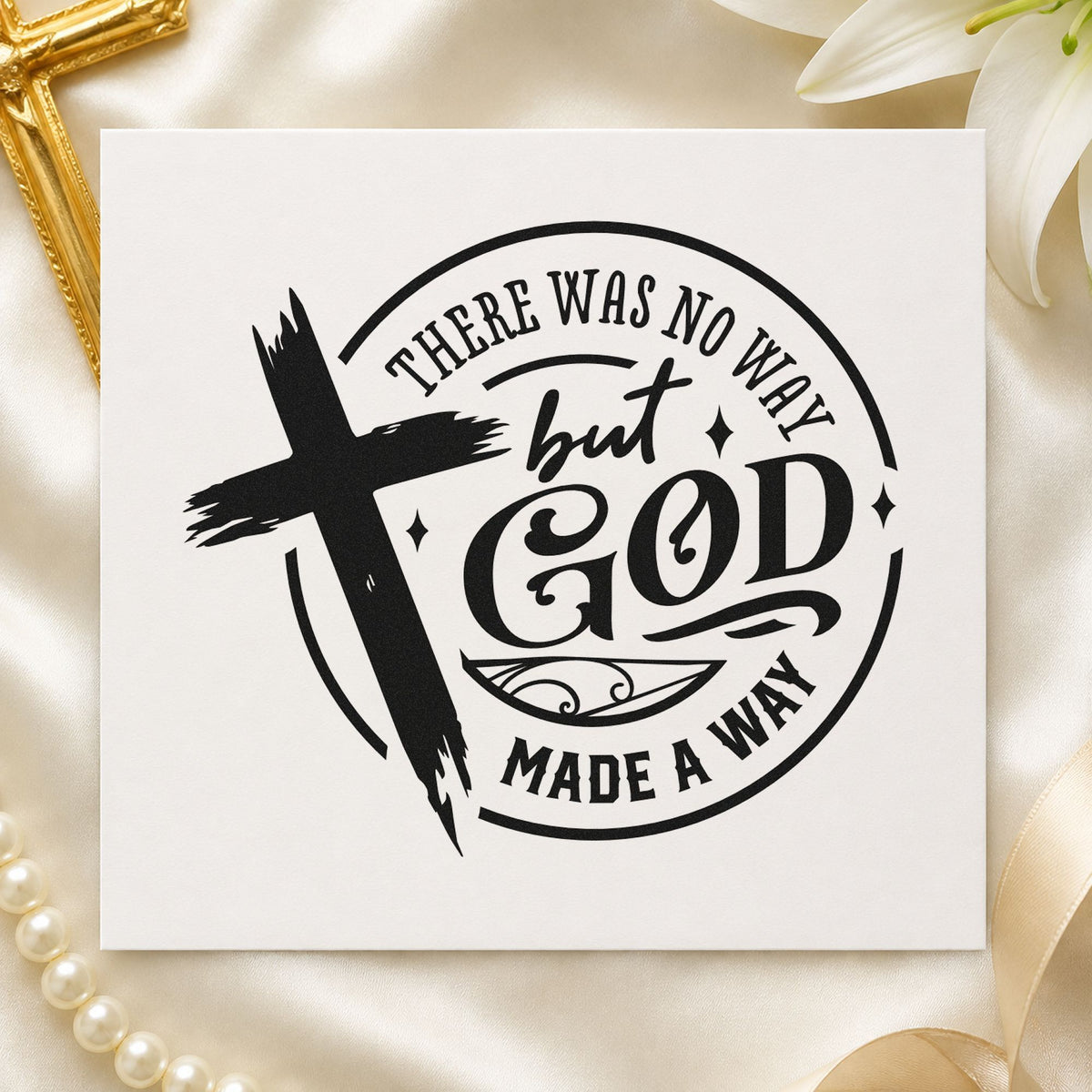 God Made a Way Cross craft stamp imprint in black ink on a handmade project, one idea being housing closing gifts.