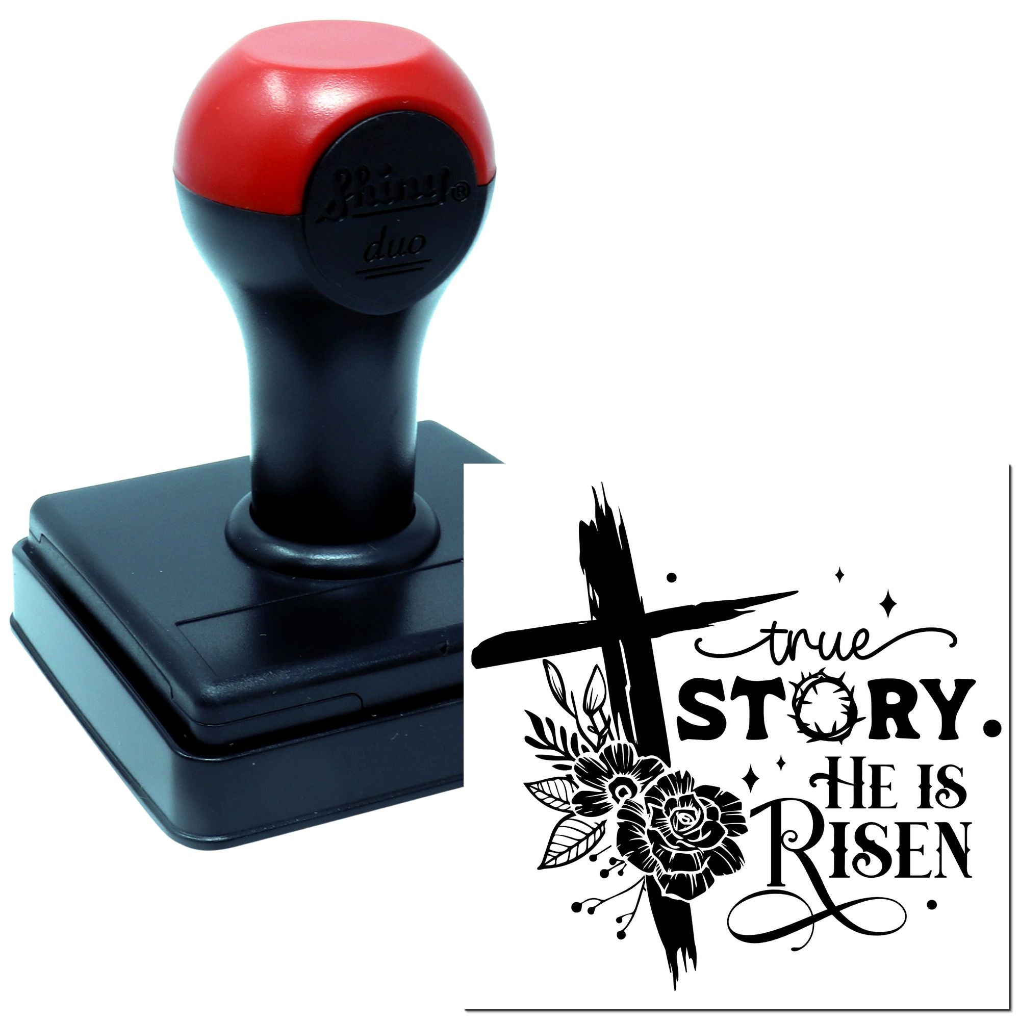Self-inking rubber stamp with True Story He Is Risen Christian Easter design featuring cross and floral artwork.