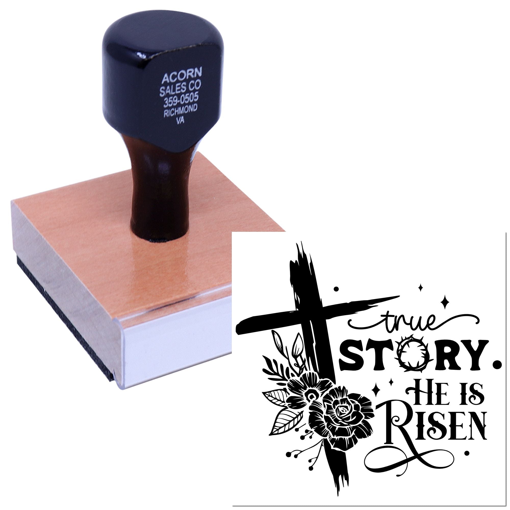 Custom church rubber stamp with He Is Risen true story design for Easter cards, Christian crafts, and worship materials.