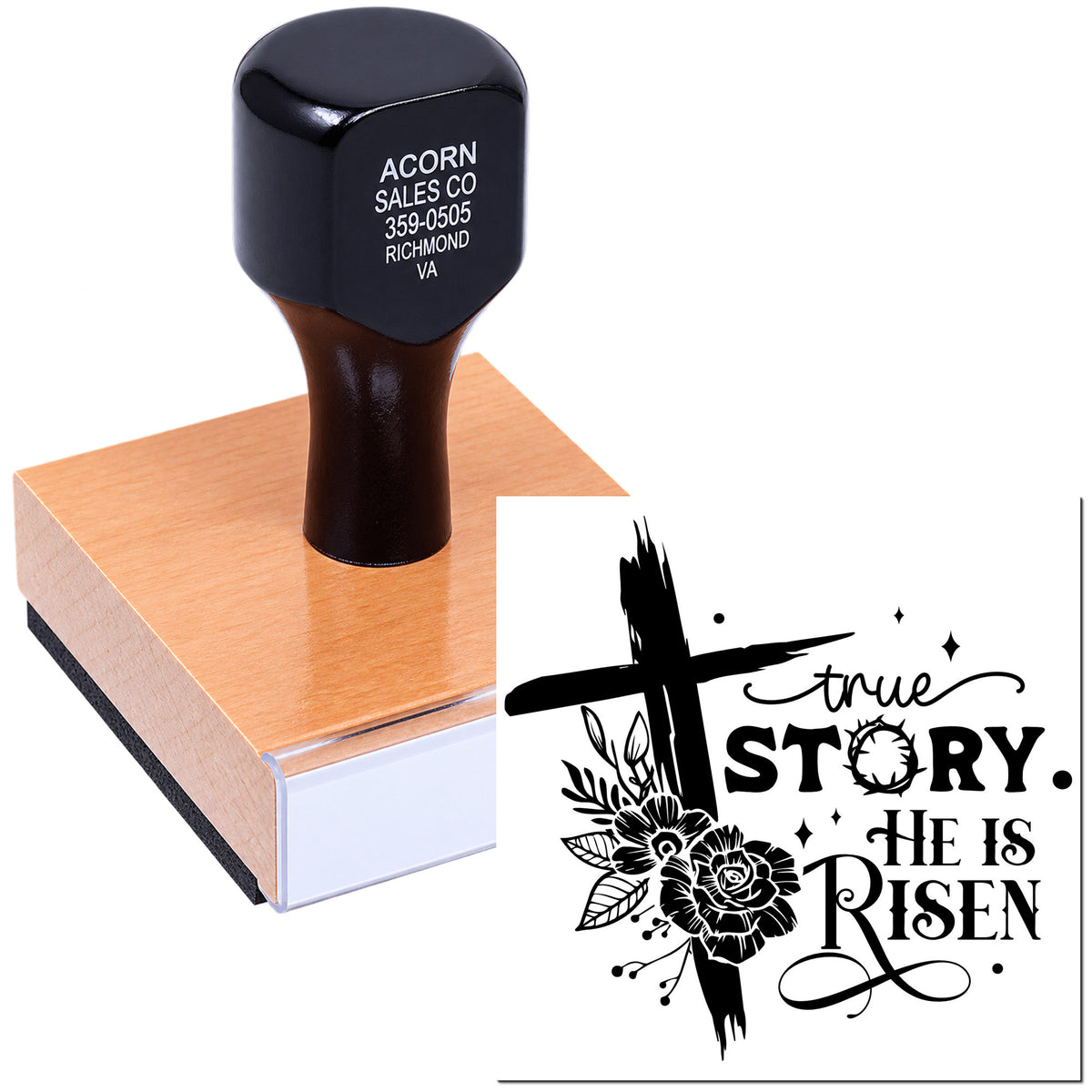 Custom church rubber stamp with He Is Risen true story design for Easter cards, Christian crafts, and worship materials.
