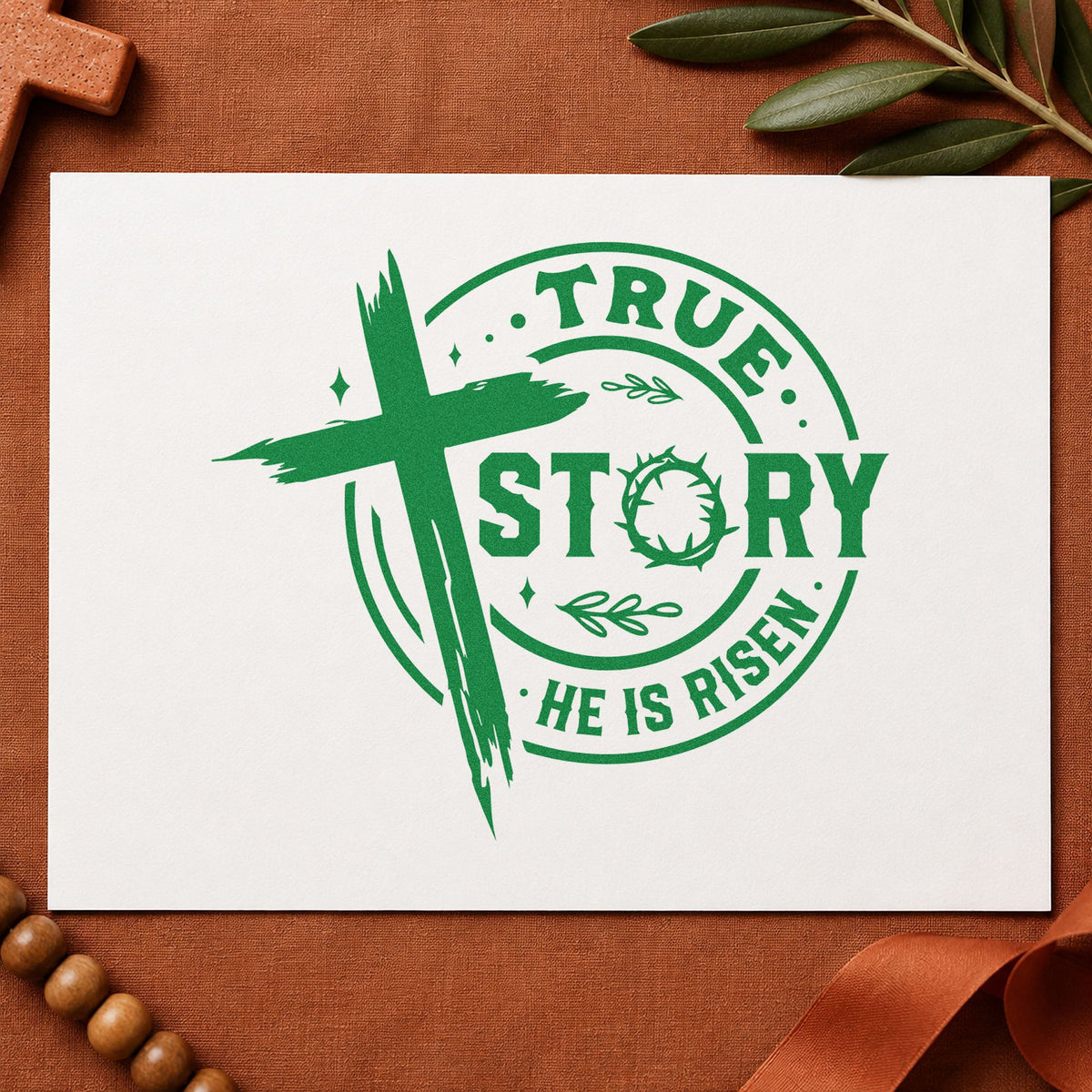 True Story Risen Badge craft stamp in green ink on cardstock, an easy option for paper egg crafts.