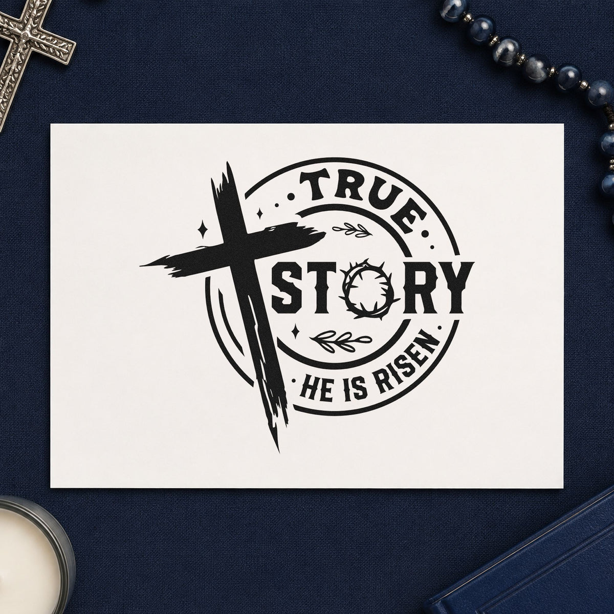 True Story Risen Badge craft stamp imprint in black ink on a handmade project, one idea being youth service tees.