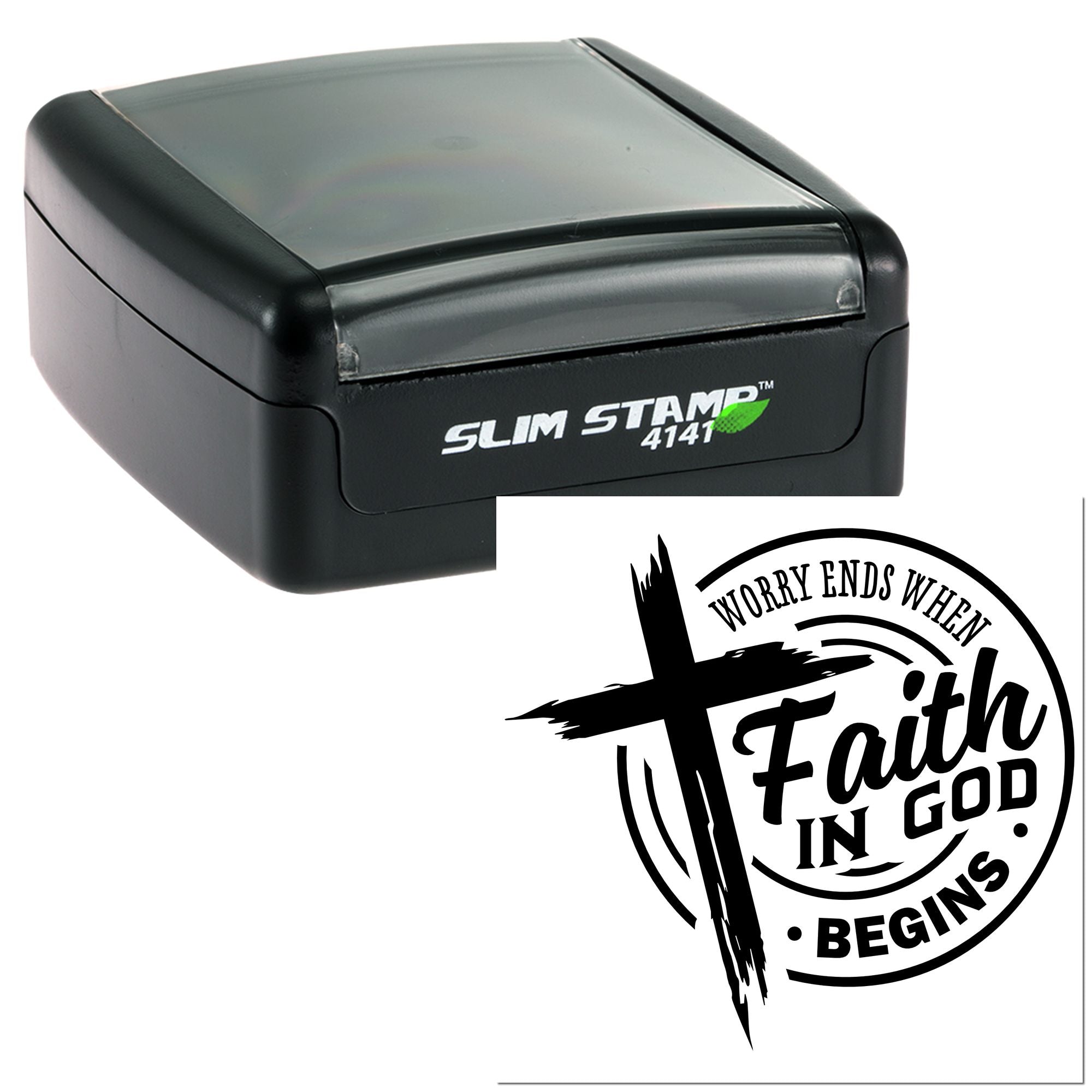 Self-inking Slim Stamp 4141 with Worry ends when faith in God begins Christian rubber stamp design.
