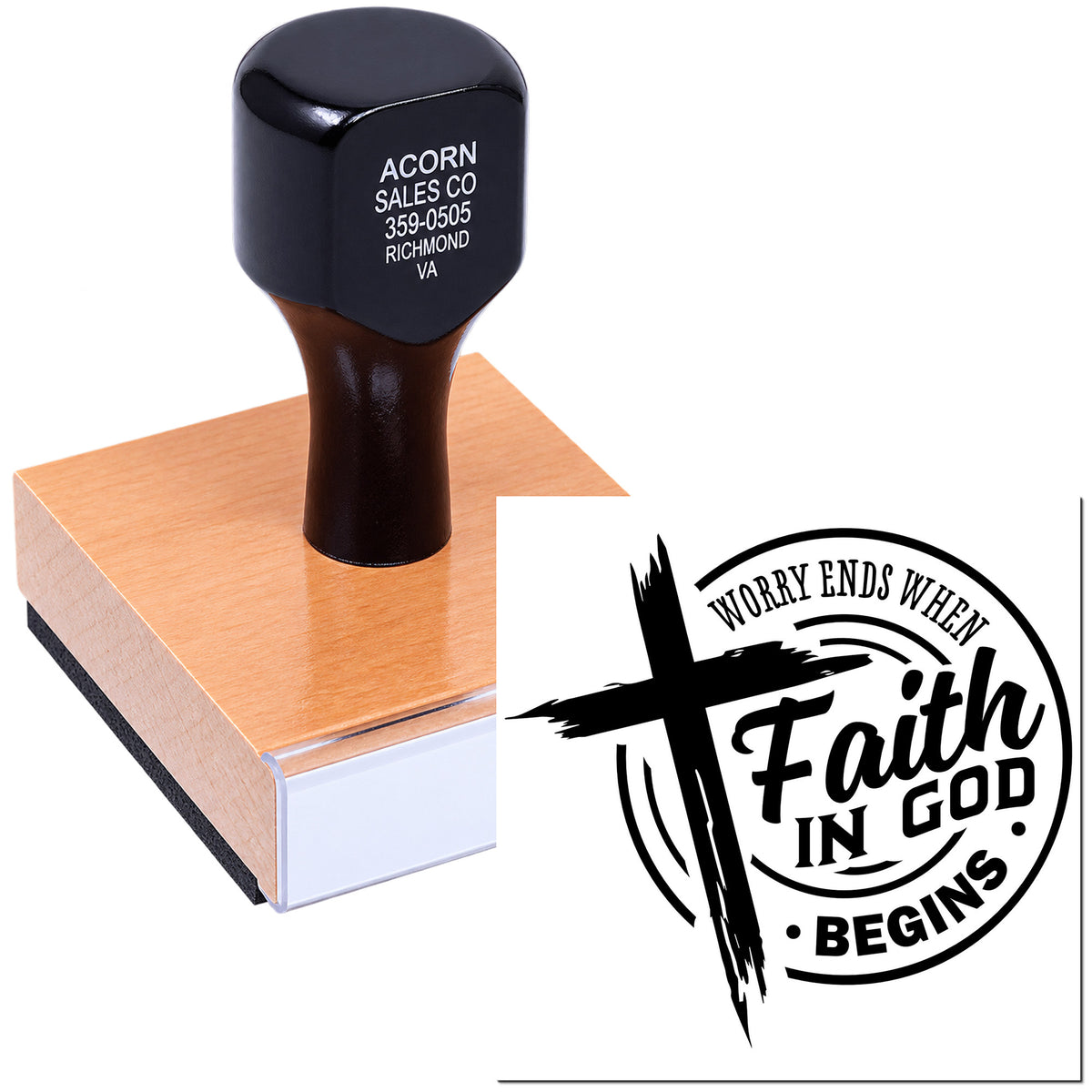 Wood-mounted custom rubber stamp featuring Christian quote, Worry ends when faith in God begins.