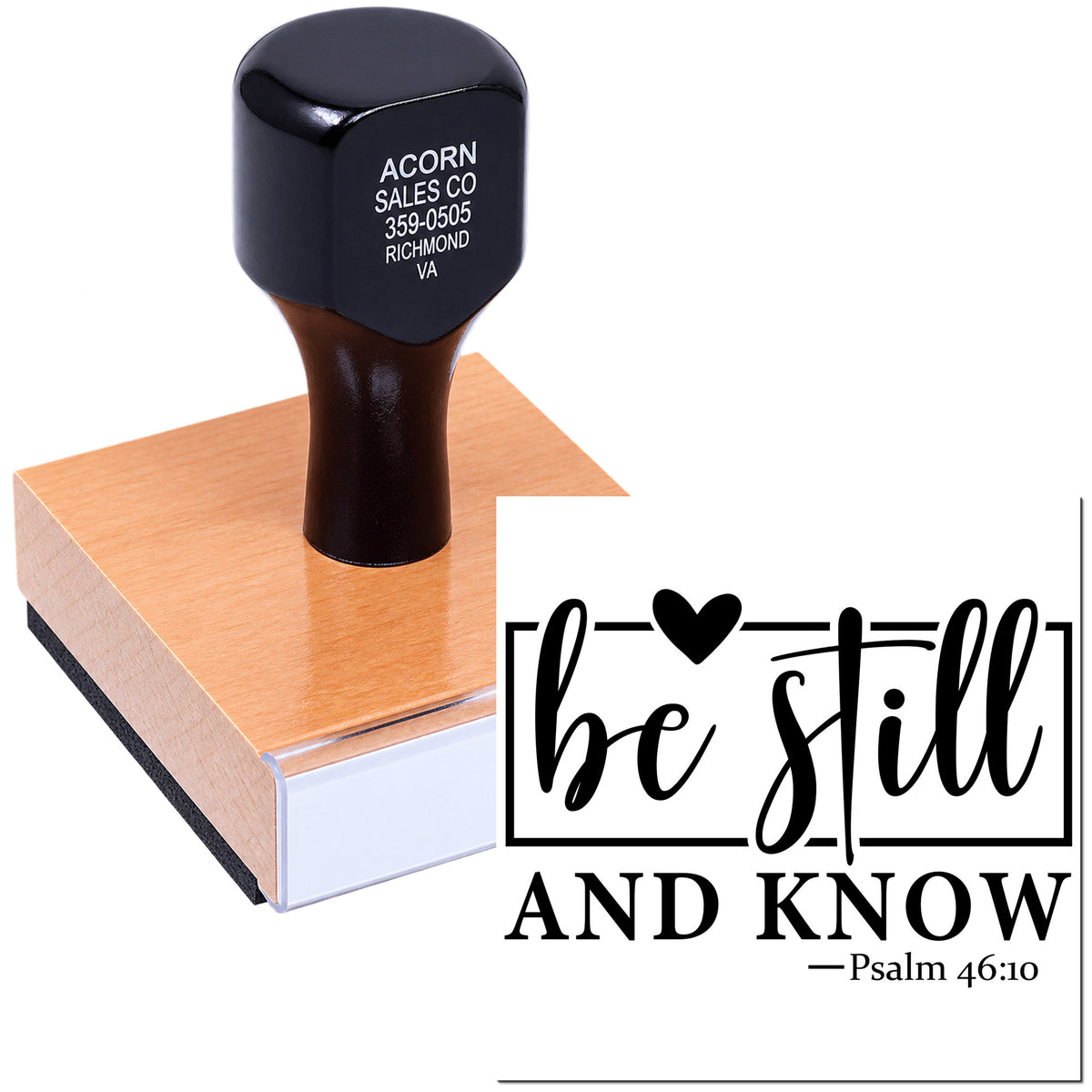 Custom wooden rubber stamp with Be Still and Know Psalm 46:10 scripture design for Christian crafts and stationery.