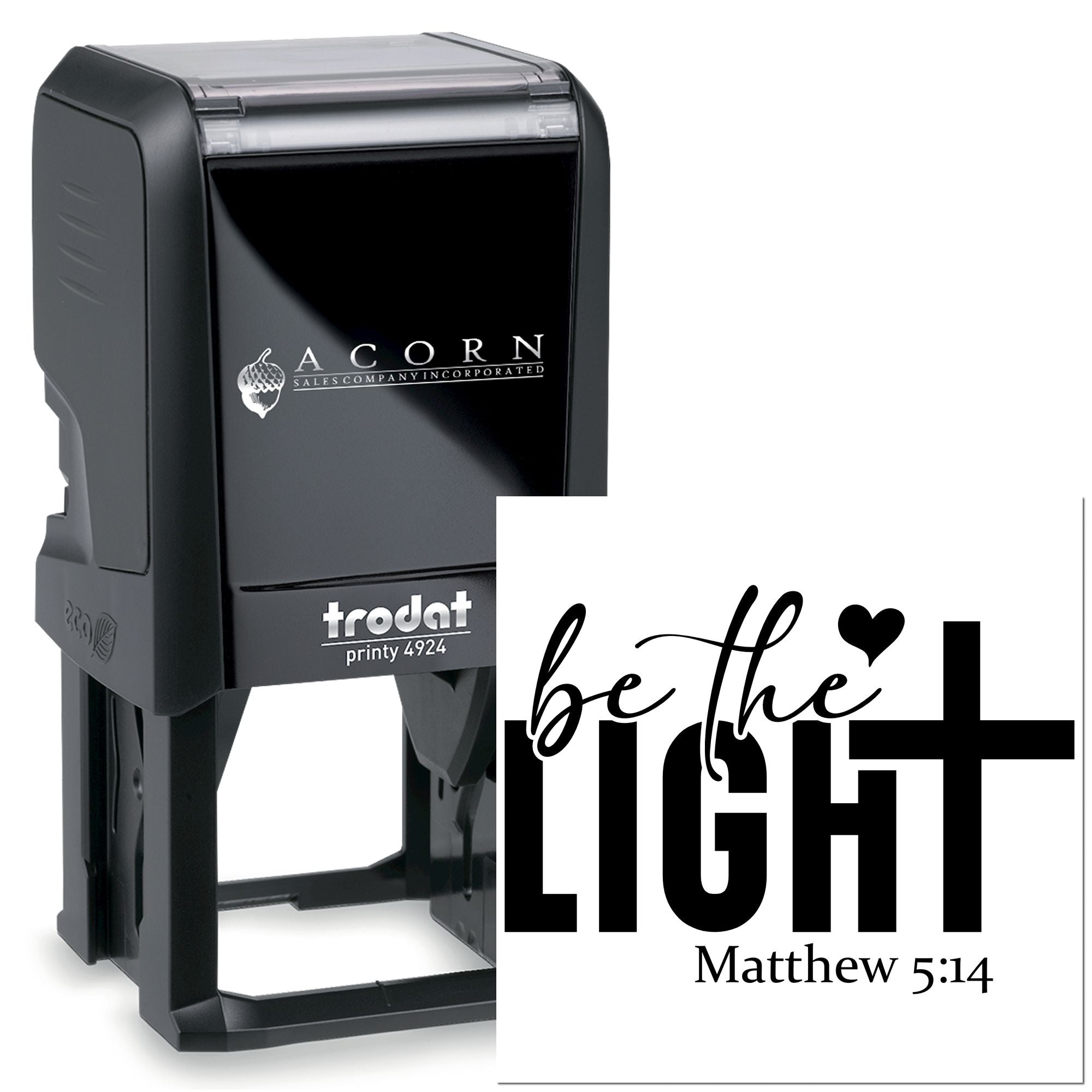 Custom self-inking rubber stamp with Be the Light, Matthew 5:14 religious design, Trodat Printy 4924.