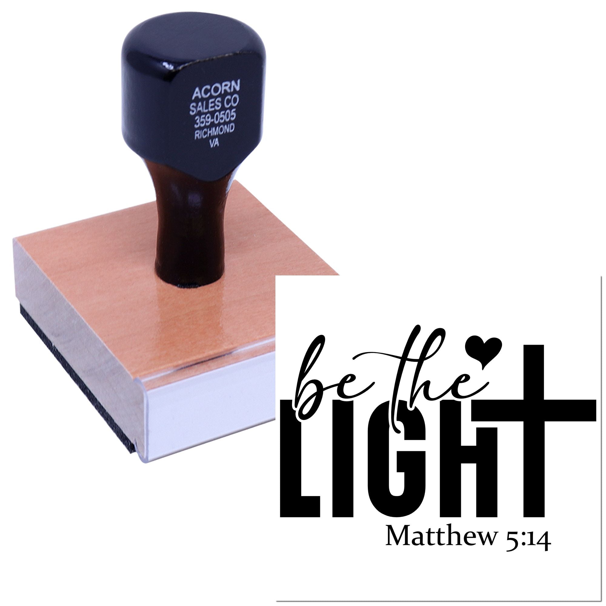 Custom rubber stamp with Be the Light Matthew 5:14 design for Christian crafts, church stationery, and scrapbooking.