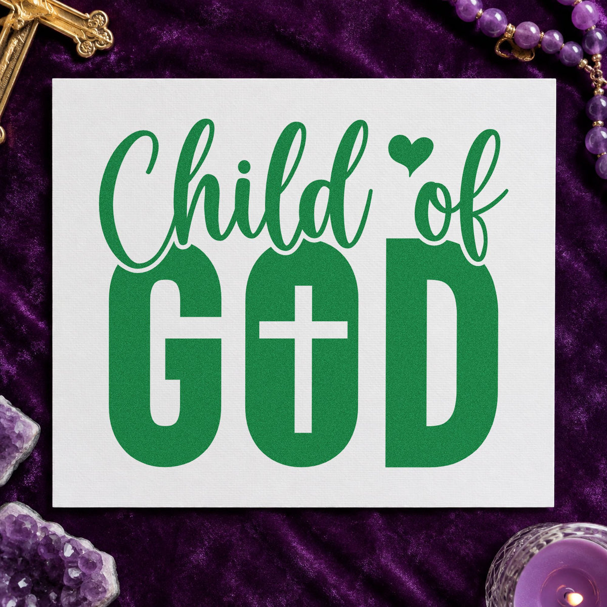 Child of God craft stamp in green ink on cardstock, an easy option for baptism invitations.