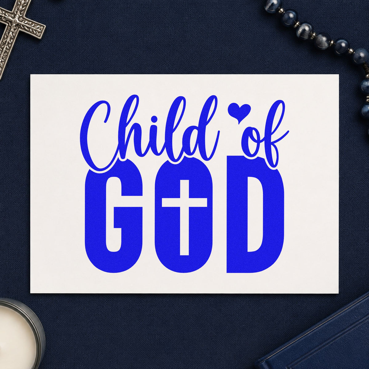 Child of God craft stamp in blue ink on cardstock, an easy option for adoption announcements.