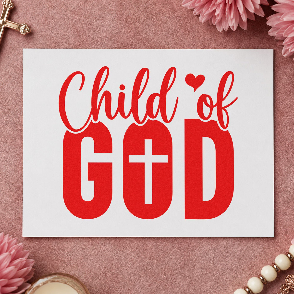 Child of God rubber stamp shown in red ink, stamped for projects such as youth retreat tags.