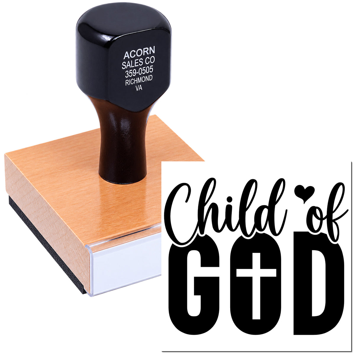 Custom rubber stamp with Child of God text for Christian crafts, cards, and packaging.