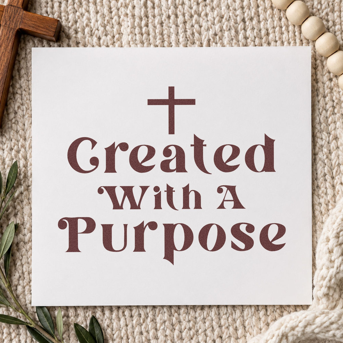 Created with a Purpose craft stamp imprint in brown ink on a handmade project, one idea being youth group name tags.