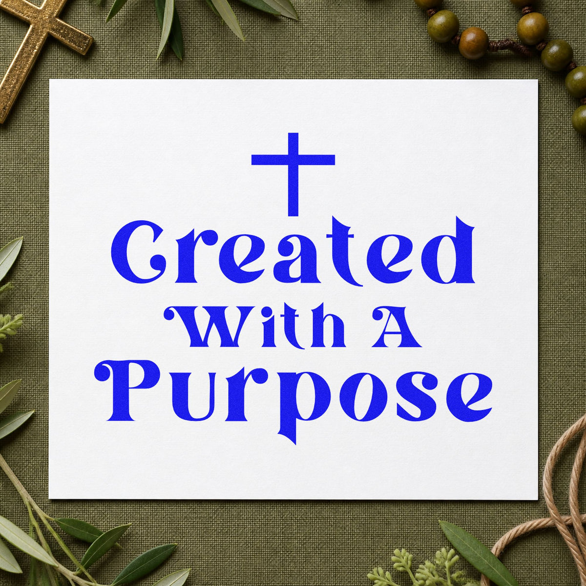 Created with a Purpose craft stamp in blue ink on cardstock, an easy option for scrapbook identity pages.